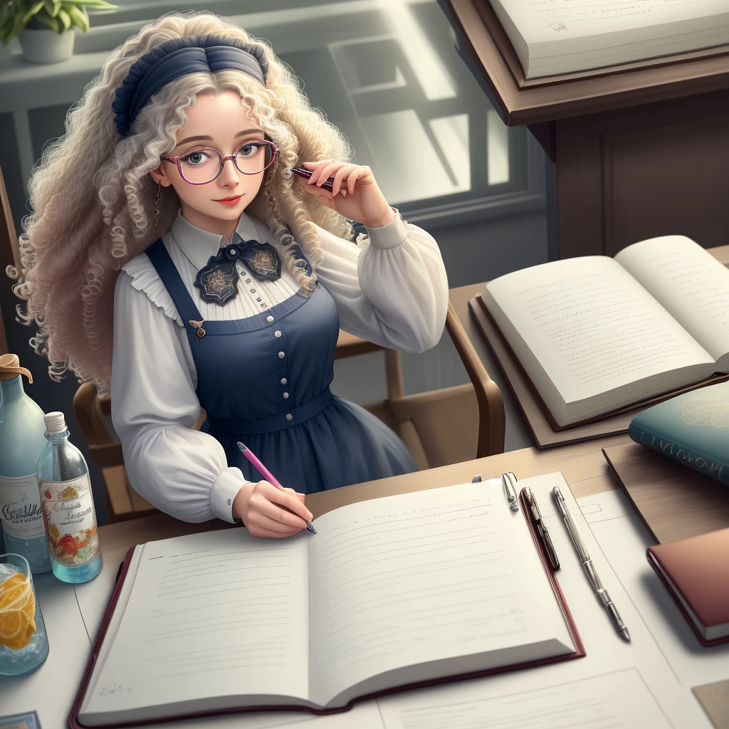 ( better quality ) ( detailed description ) Caucasian woman wearing glasses, architect with curly hair, wearing clothing from the Disney character Mirabel, working with her notebook on a white table with a central glass divider, a bottle of colored water on the table