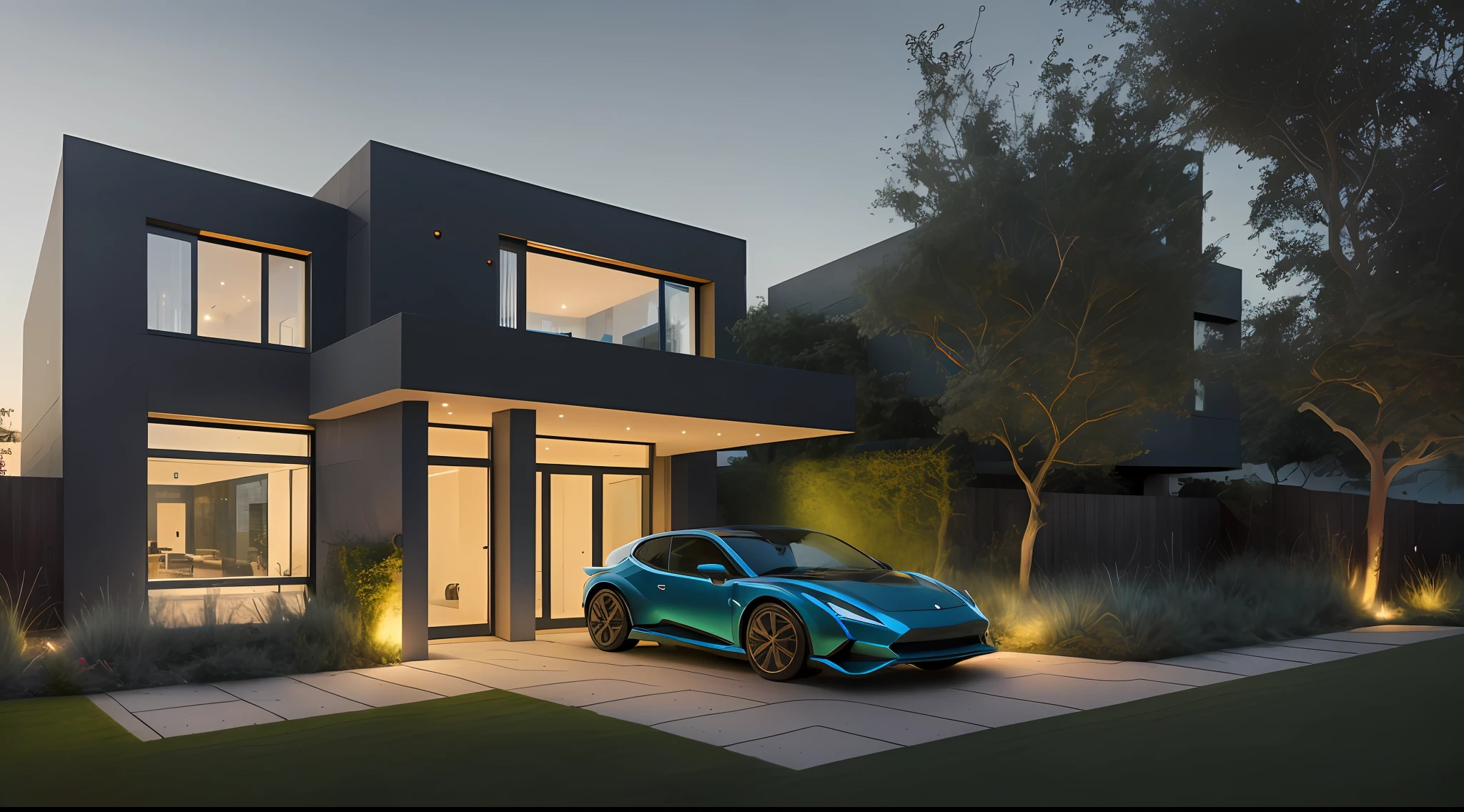 townhouse seen from the front with a side garage, townhouse without walls, stones on the grass that make a trail to the house's entrance, we can see a blue imported car parked next to the pool, the scene is seen at night by a spectator who is on the street that you can see the interior of the house through large glass panels with all environments lit