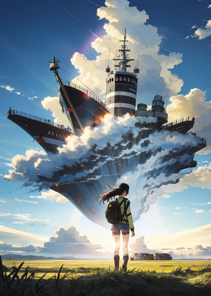 The vast sky, beautiful skyline, large grasslands, extremely tense and dramatic pictures, moving visual effects, the high-hanging Polaris, and colorful natural light. Long-sleeved top, denim shorts, and a girl with a backpack. There is a big ship not far away.