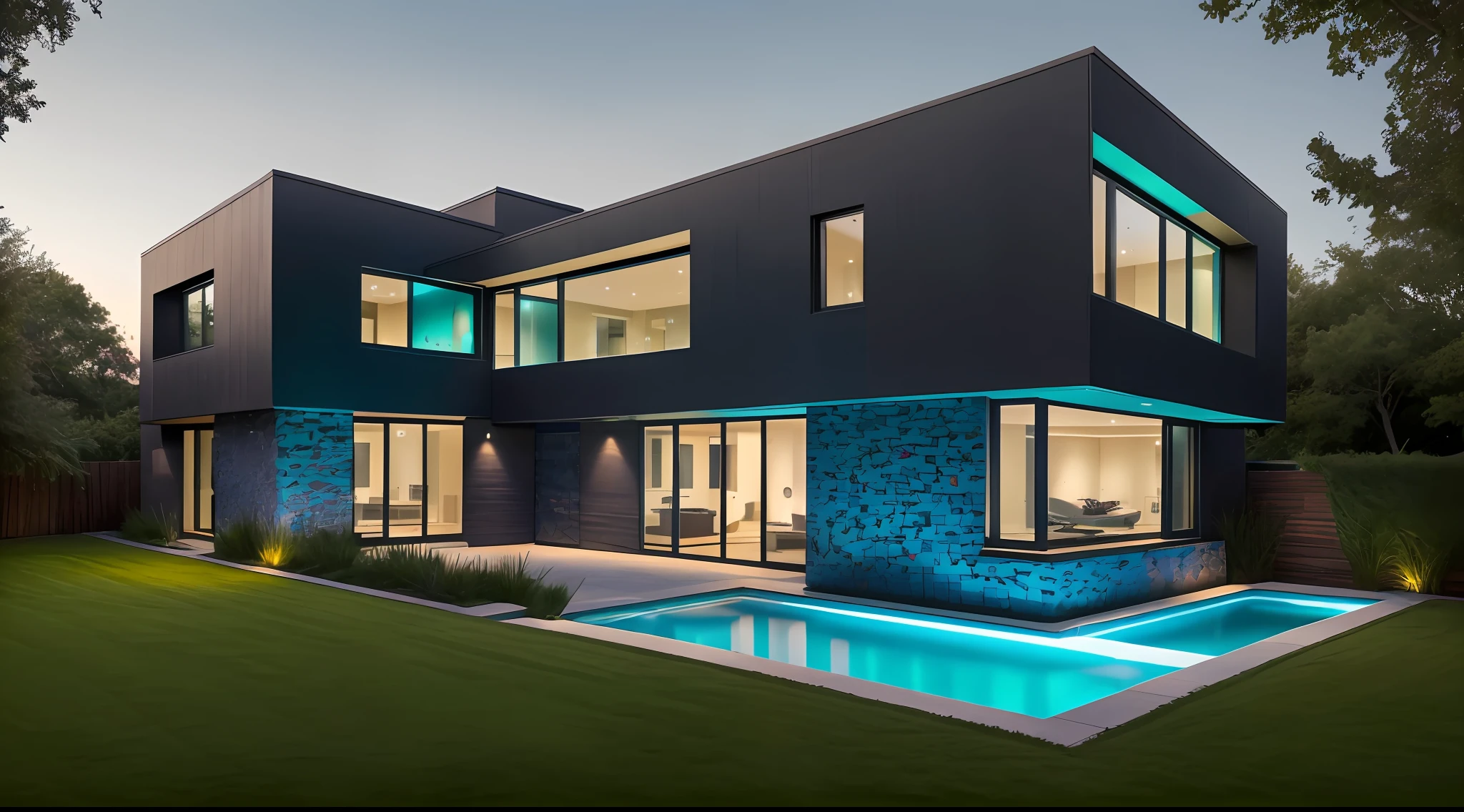 townhouse seen from the front with a side garage, townhouse without walls, stones on the grass that make a trail to the house&#39;s entrance, we can see a blue imported car parked next to the pool, the scene is seen at night by a spectator who is on the street that you can see the interior of the house through large glass panels with all environments lit