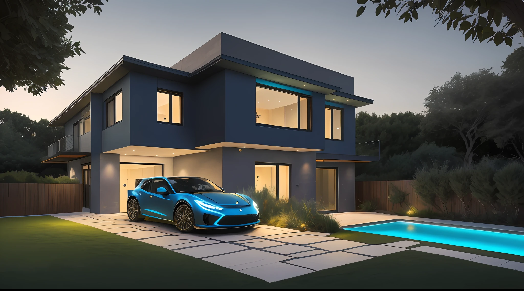 townhouse seen from the front with a side garage, townhouse without walls, stones on the grass that make a trail to the house's entrance, we can see a blue imported car parked next to the pool, the scene is seen at night by a spectator who is on the street that you can see the interior of the house through large glass panels with all environments lit