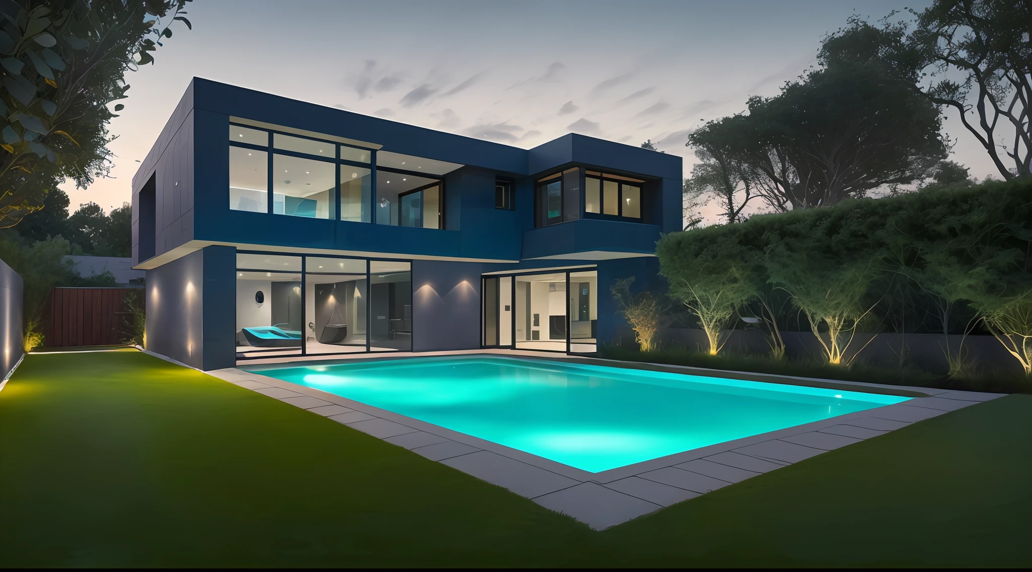 townhouse seen from the front with a side garage, townhouse without walls, stones on the grass that make a trail to the house's entrance, we can see a blue imported car parked next to the pool, the scene is seen at night by a spectator who is on the street that you can see the interior of the house through large glass panels with all environments lit