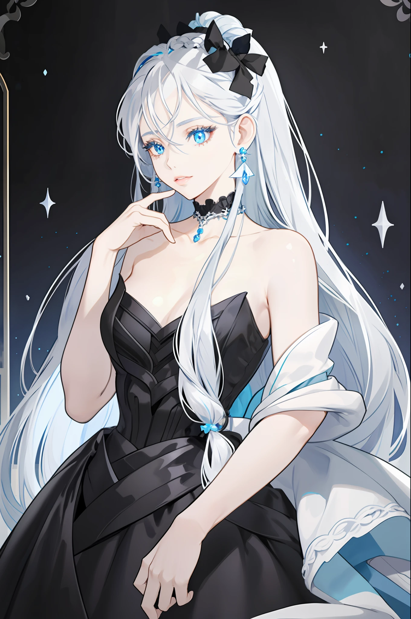 girl with silver hair and light blue eyes, hair with two black bows on her head (one on each side), hand on her lips (her fingers touching her lips), dressed in a tight black dress (sleeveless), choker black color, white pearl earrings, black gloves halfway up the arm,