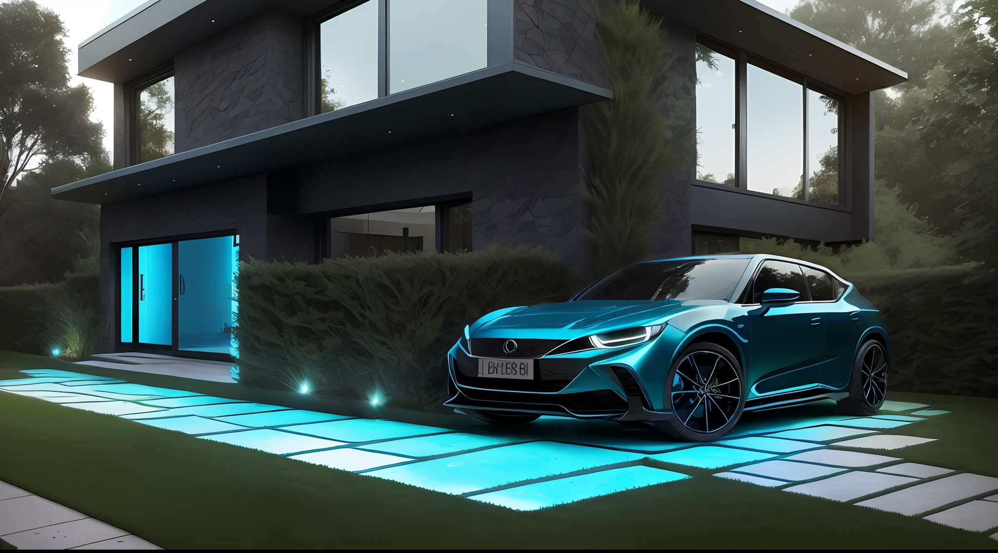 townhouse seen from the front with a side garage, townhouse without walls, stones on the grass that make a trail to the house's entrance, we can see a blue imported car parked in the garage, the scene is seen by a spectator who is on the street who can see the interior through large glass panels with all environments illuminated