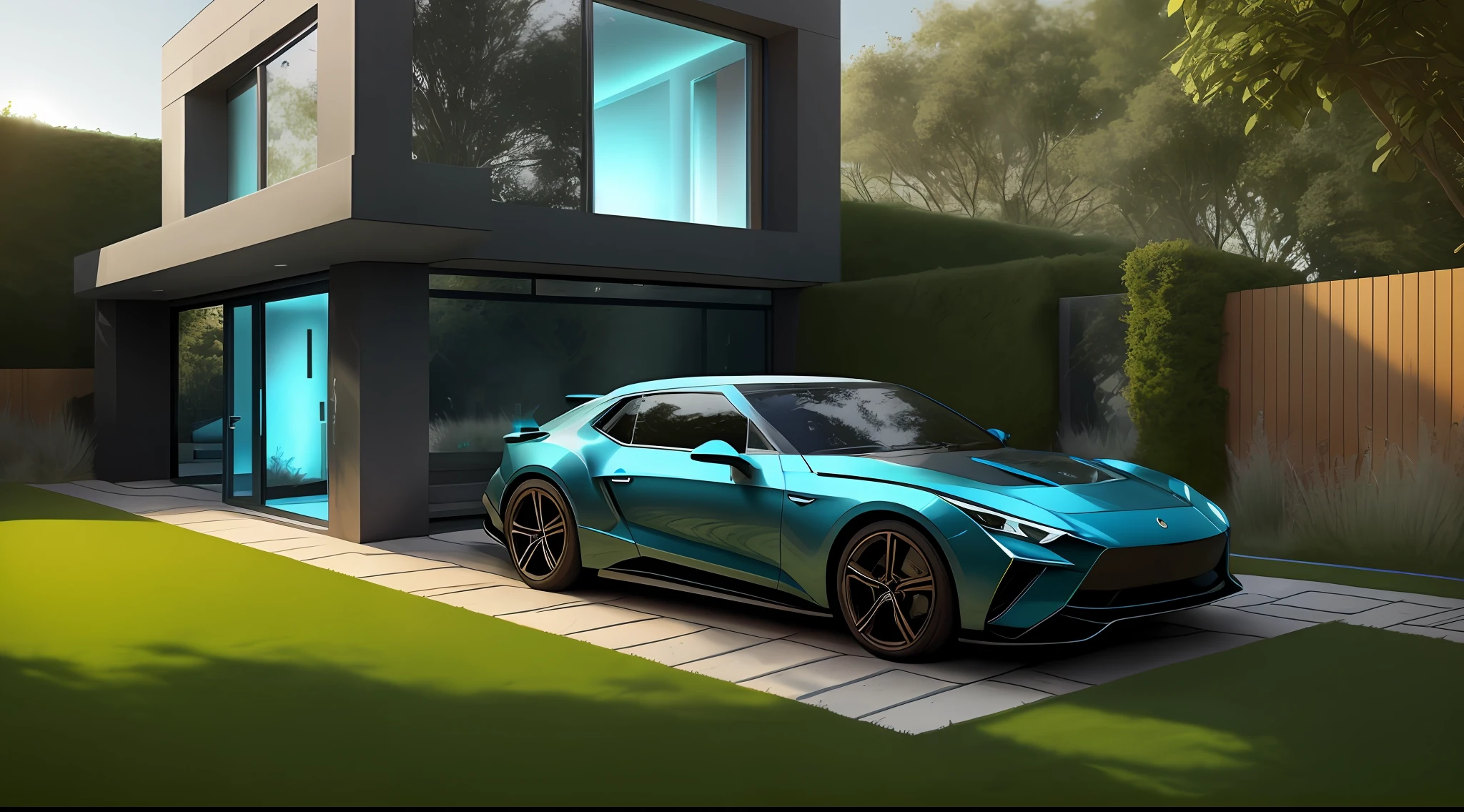 townhouse seen from the front with a side garage, townhouse without walls, stones on the grass that make a trail to the house&#39;s entrance, we can see a blue imported car parked in the garage, the scene is seen by a spectator who is on the street who can see the interior through large glass panels with all environments illuminated