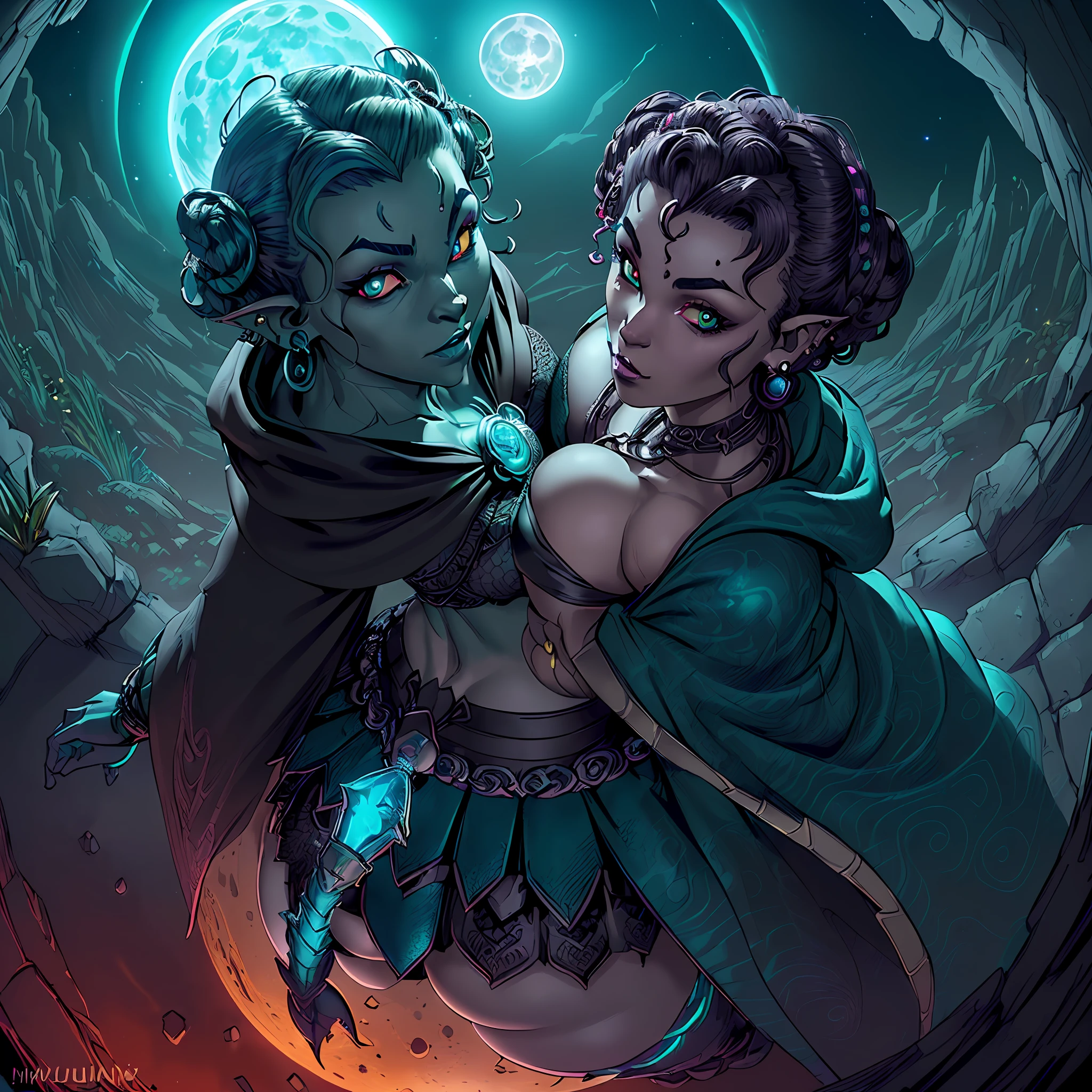 (((A seductive and cunning female half-orc rogue centered in the foreground))),(((bantu knot hairstyle))), ((22 years old)), ((bioluminescent eyes)), (((black dragonscale scalemail with teal cloak))), ((corrupted glowing makume gane filigree bra)), ((corrupted bioluminescent filigree ankh necklace)), dark fantasy, dark atmosphere, forest, ((night)), bioluminescent bat swarm, volumetric lighting, best quality, masterpiece, intricate details, tonemapping, sharp focus, very detailed, trending on Artstation 4k, realistic, 8k, cinematic lighting, (((Full blood moon vibrantly lighting the scene))), (((fish eye lens))), ((colorful)), ((beautiful face)),(((thicc ass))) (((thicc hips))), (((thicc thighs))), (((revealed stomach))), (((low cut top))), (((angle from above))), (((piercings))), ((((looking at viewer)))), professional artist, {masterpiece}, {bioluminescent halo lighting from behind}, (dynamic bloom)