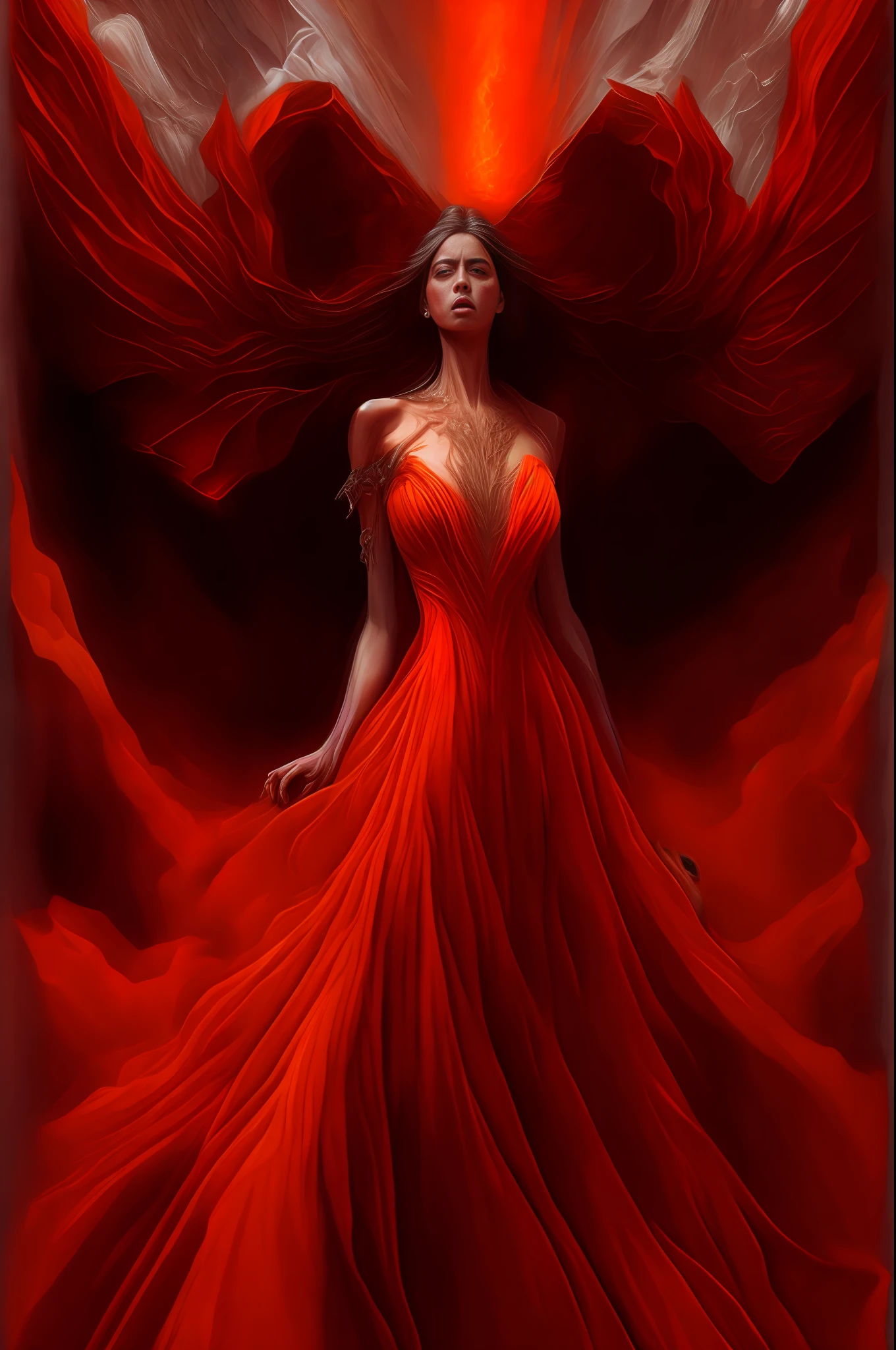 An angle looking down into hell, highly detailed, beautiful face, long flowy gown