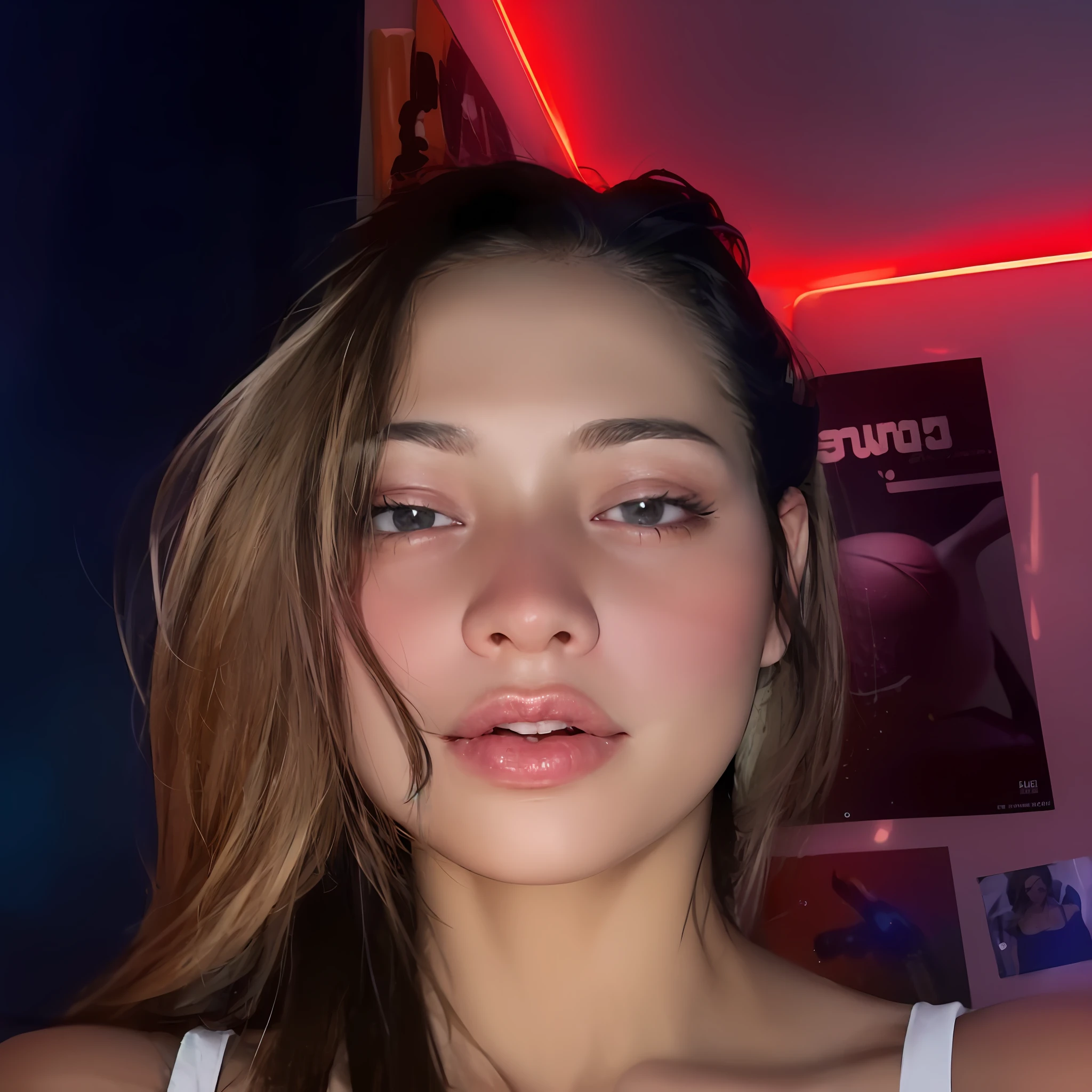 There is a woman in pink lipstick and a white tank top, glowing((big breasts 3.3))), 18 years old, sexy face, full lips, glowing face, faint red lips, very low quality, , warm glow of the lights, pokimane, very very low quality, profile picture, 2 2 years old,ld