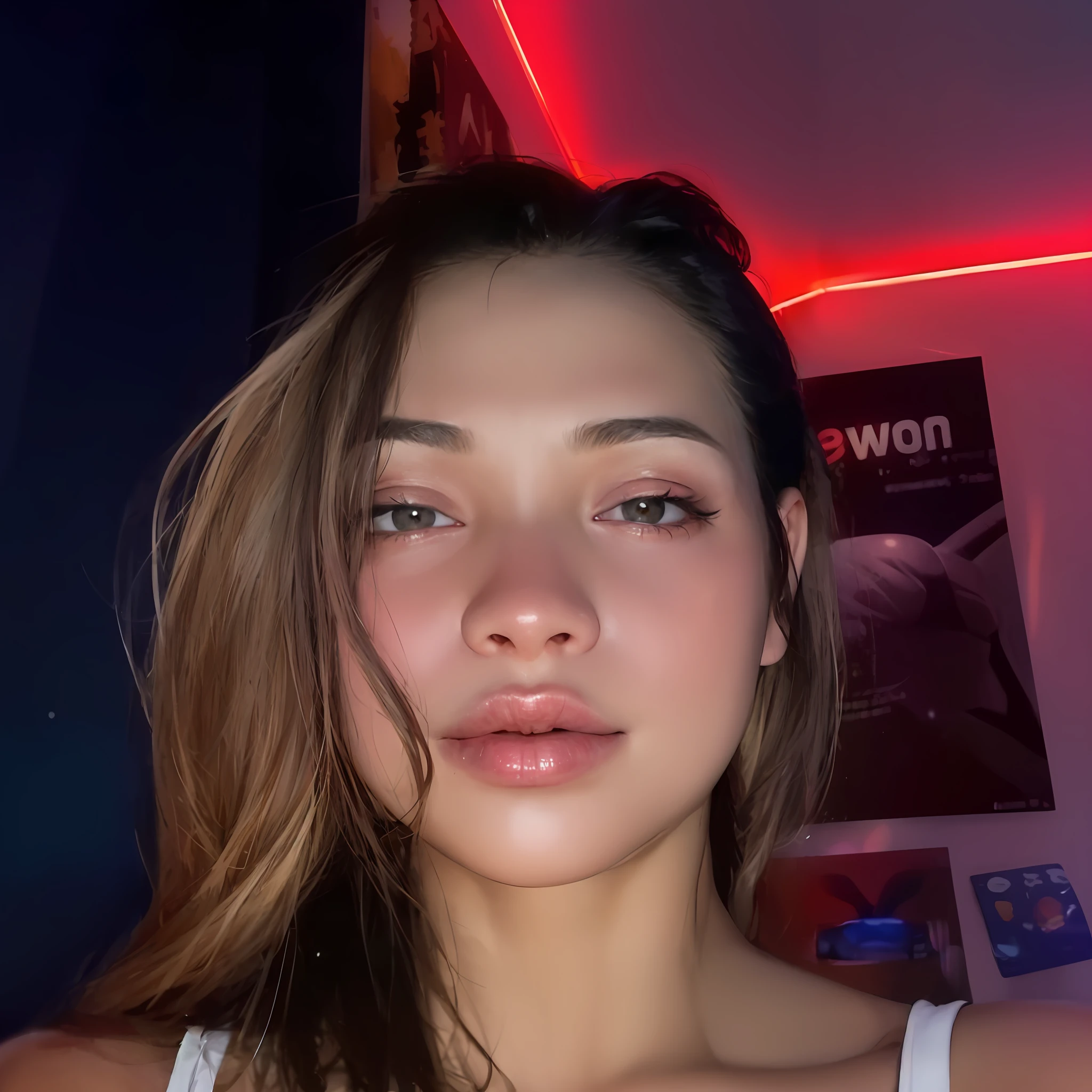 There is a woman in pink lipstick and a white tank top, glowing((big breasts 3.3))), 18 years old, sexy face, full lips, glowing face, faint red lips, very low quality, 16 years old, warm glow of the lights, pokimane, very very low quality, profile picture, 2 2 years old, 21 years old