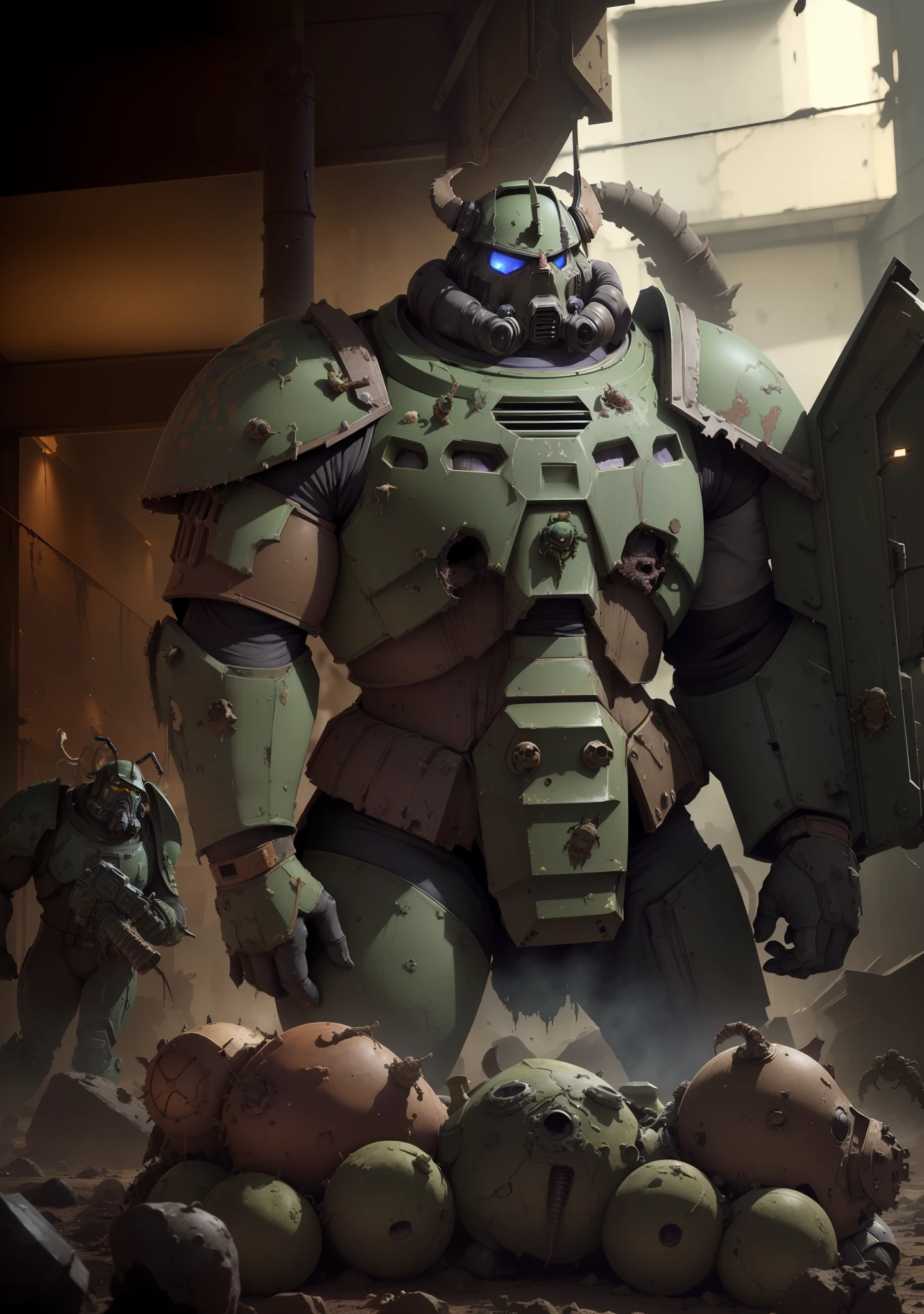 (astartes, power armor, warhammer 40k, pauldron, helmet, Death Guard, Nurgle), Chaos, disease, disgusting, miasma, guts hanging out, rotten flesh, living dead, rot, rust, insects, flies, worms, stench, infection, puss, blood, extreme long-shot, wide-angle
