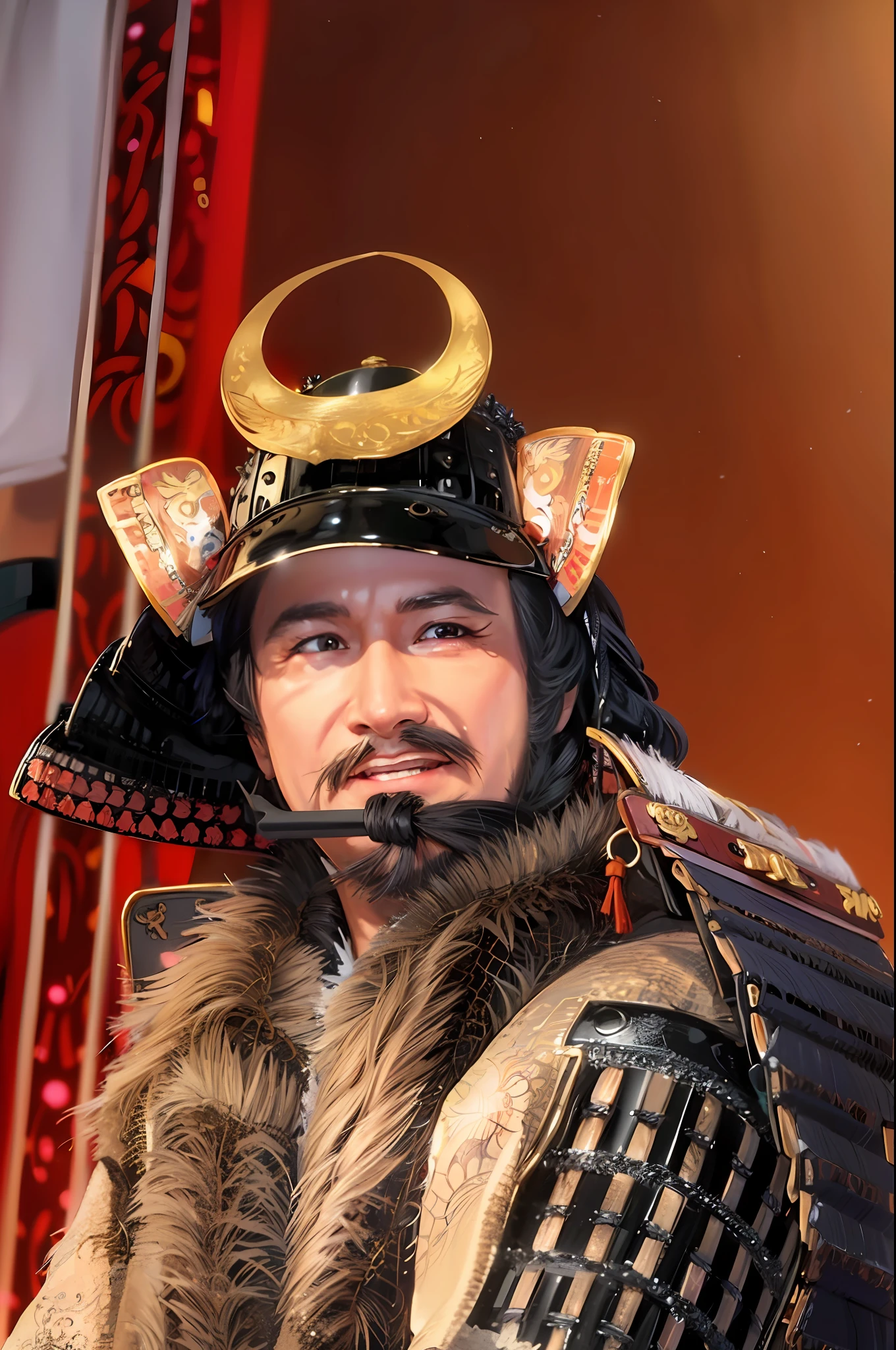 "Masayuki Sanada, Sengoku warlord" portrait, ultra-high resolution detailed CG Unity wallpaper, beautiful mountain scenery, dynamic camera work, highly saturated, detailed armor and black cloak, hair fluttering in the wind, strong facial expressions , red eyes, glowing swords and flashy flame effects.