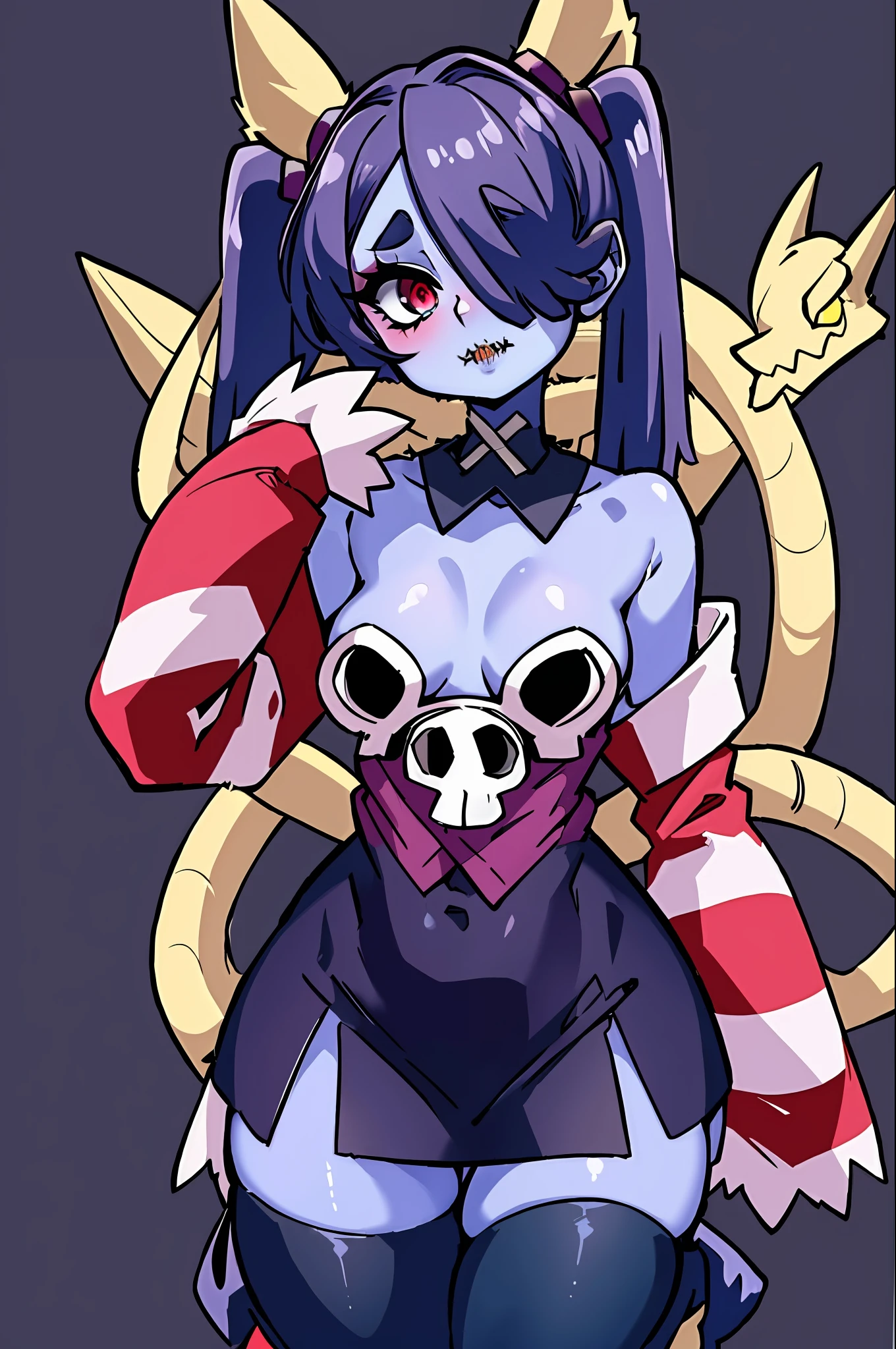 wavy, 1 li, solo, small breasts, looking at viewer, bare shoulders, open sleeves, hair over one eye, red eyes, side ponytail, ponytail, loose collar, skull, ((blue skin)), dots, zombie, striped sleeves, stitched mouth, extremely detailed, highly detailed, perfect face, beauty, perfect eyes ((skeletal arm, live tails, big ass, big lips)), big eyes, makeup, big eyelashes, cute, adorable , serious, ( (leviathan: 1.3)), full body, in lingerie, ecchi anime style, full body art, ecchi style, anime character, kneeling, kitten ear, showing off