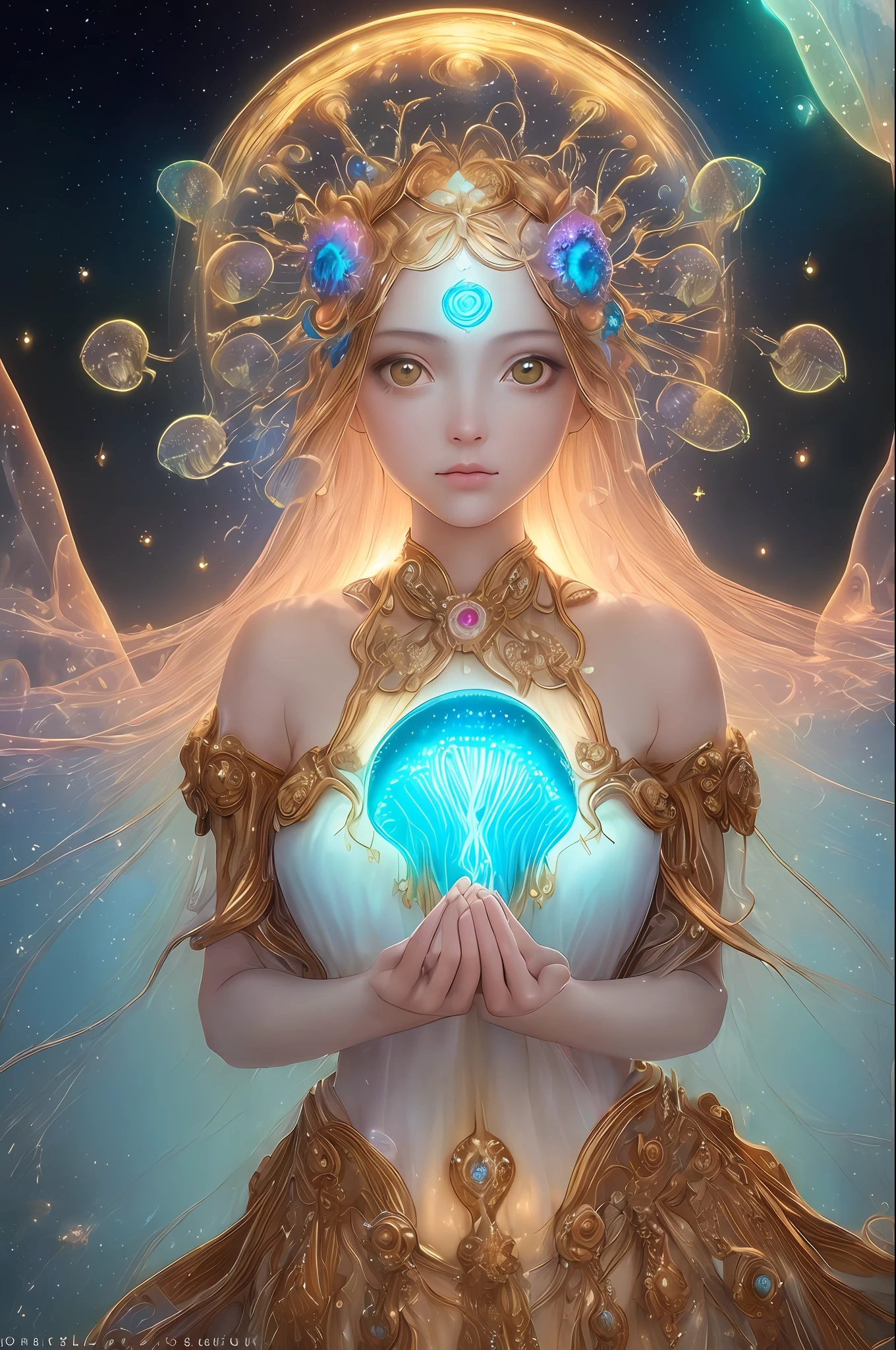 ((best quality)), ((masterpiece)), ((realistic)), portrait, 1girl, celestial, deity, goddess, light particles, halo, looking at viewer, (bioluminescent:0.95) ocean, bioluminescent, jellyfish, Vibrant, Colorful, Color, (Glow, Glow), (Beautiful Composition), Cinematic Lights, Intricate, (Symmetry: 0.5), Whimsical,