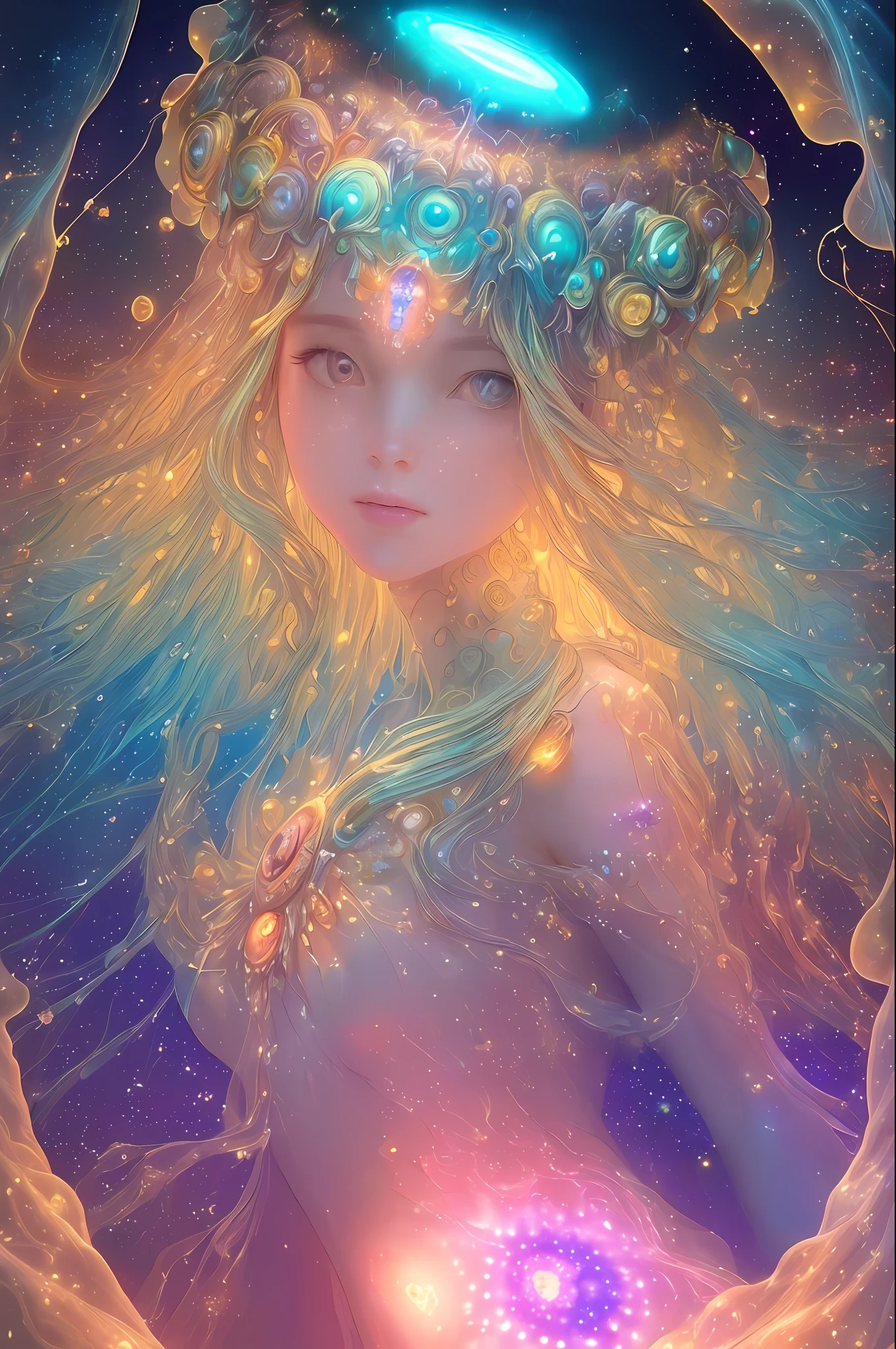 ((best quality)), ((masterpiece)), ((realistic)), portrait, 1girl, celestial, deity, goddess, light particles, halo, looking at viewer, (bioluminescent:0.95) ocean, bioluminescent, jellyfish, Vibrant, Colorful, Color, (Glow, Glow), (Beautiful Composition), Cinematic Lights, Intricate, (Symmetry: 0.5), Whimsical,