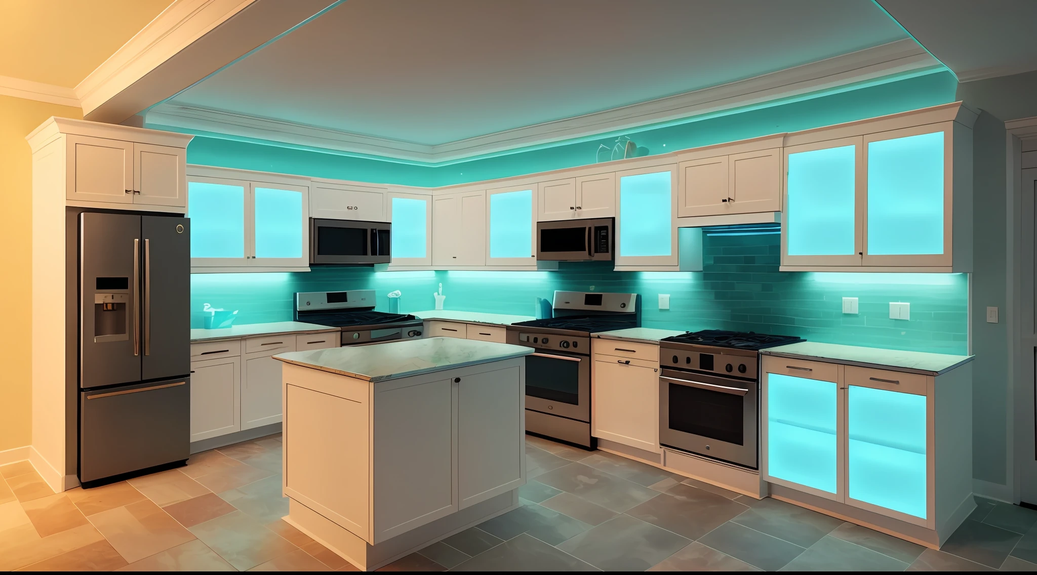 planned furniture in the kitchen with main lighting by led cold light lamp, and indirect lighting by colored led strip. in the image we see the built-in cabinets, refrigerator, electric stove and stove