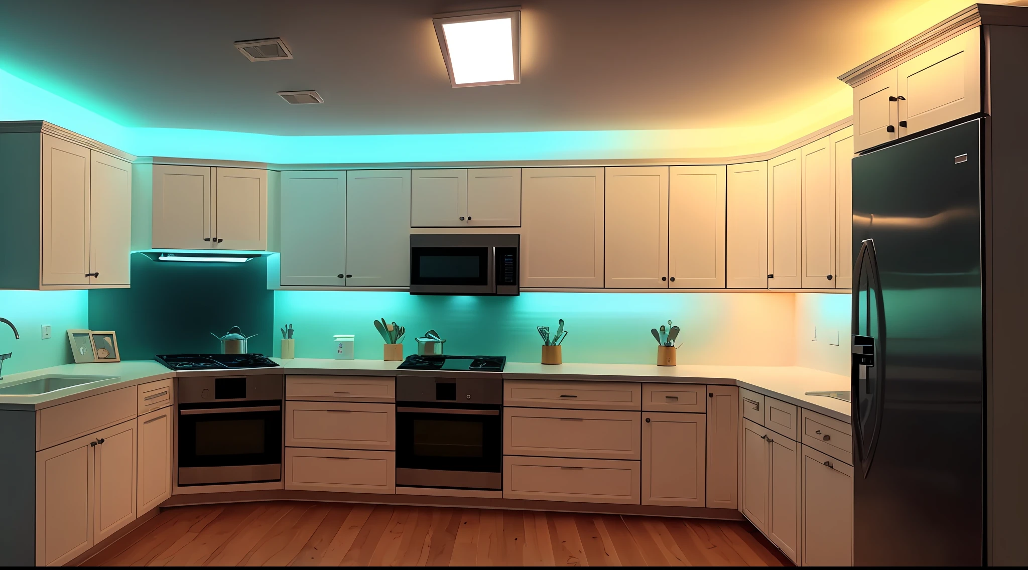 planned furniture in the kitchen with main lighting by led cold light lamp, and indirect lighting by colored led strip. in the image we see the built-in cabinets, refrigerator, electric stove and stove