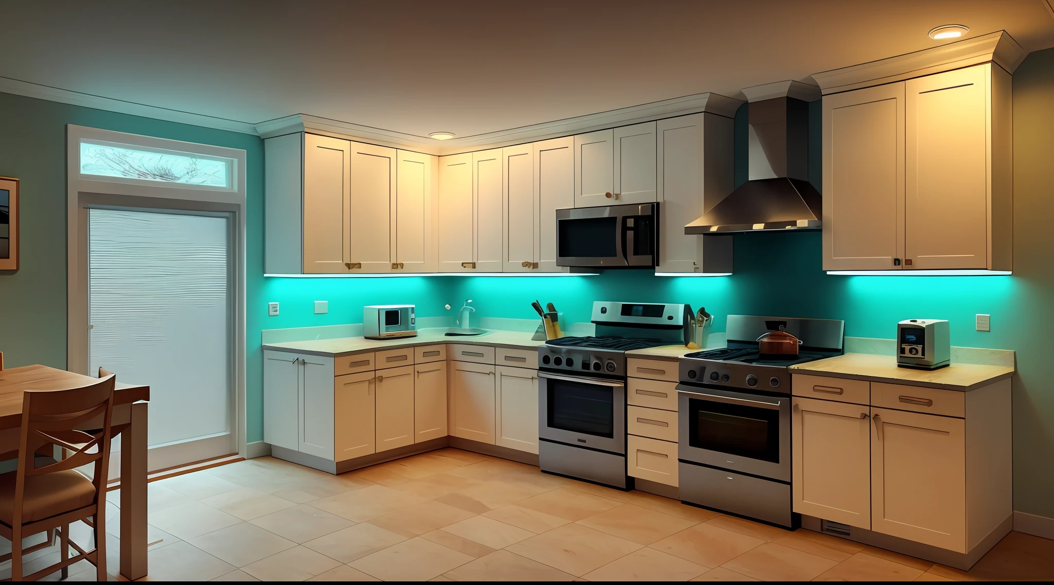 planned furniture in the kitchen with main lighting by led cold light lamp, and indirect lighting by colored led strip. in the image we see the built-in cabinets, refrigerator, electric stove and stove