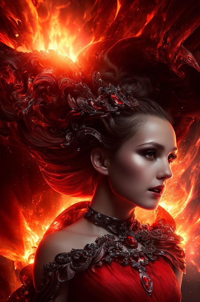 (A dramatic close shot looking down into hell, ultra-detailed, exquisite face features, flowing dress, (red dress: 1.2 | black dress: 1.1), dynamic light and shadow, best quality)