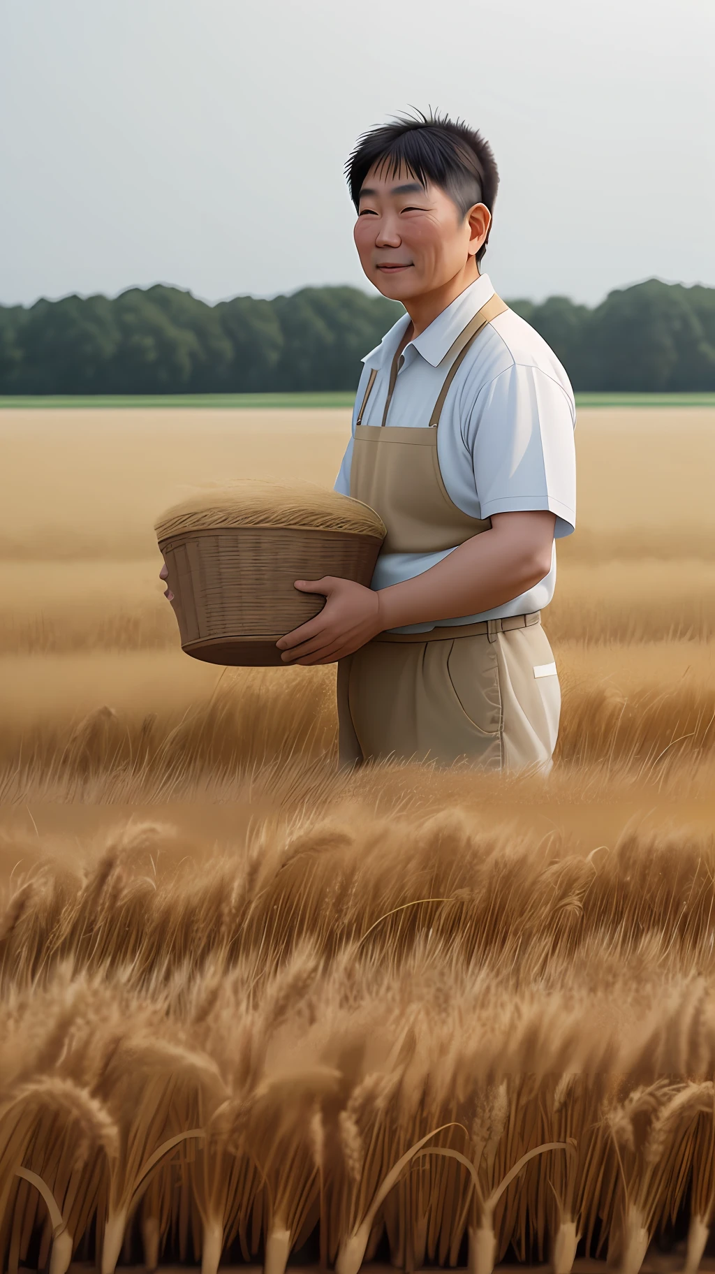 50-year-old Asian man working in a wheat field