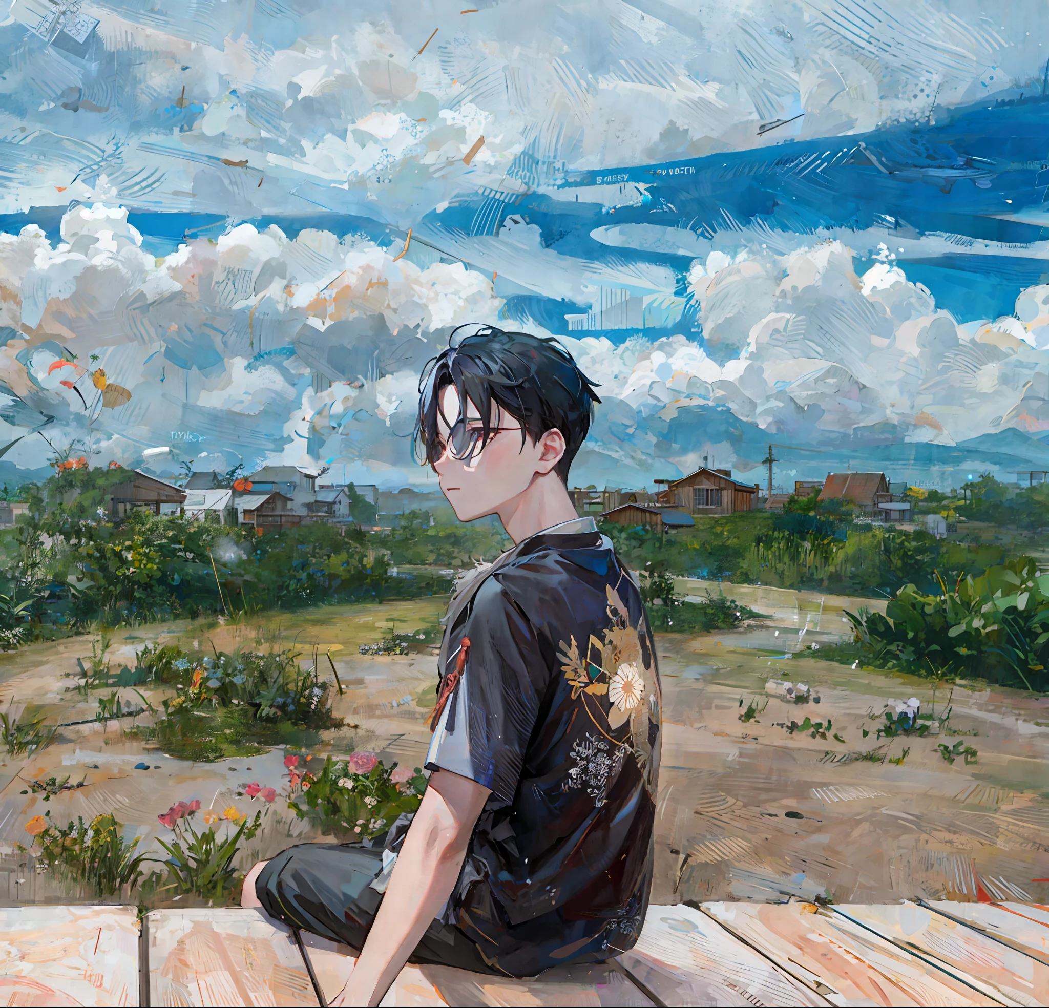 painting of a boy sitting on a wooden deck looking out at a field, artwork in the style of guweiz, guweiz, by Zou Zhe, inspired by Yanjun Cheng, guweiz masterpiece, by Zou Yigui, guweiz on pixiv artstation, guweiz on artstation pixiv