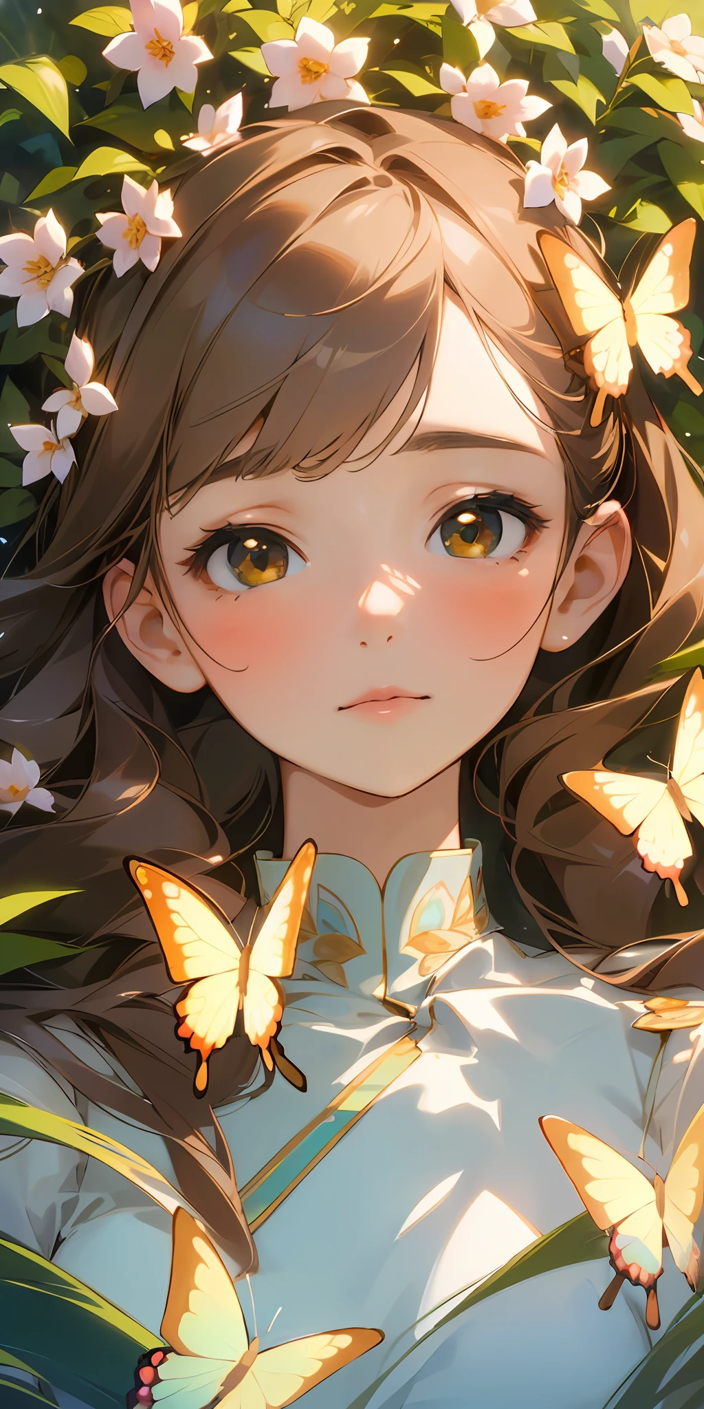 (best quality, masterpiece, ultra-realistic), portrait of 1 beautiful and delicate girl, with a soft and peaceful expression, the background scenery is a garden with flowering bushes and butterflies flying around.