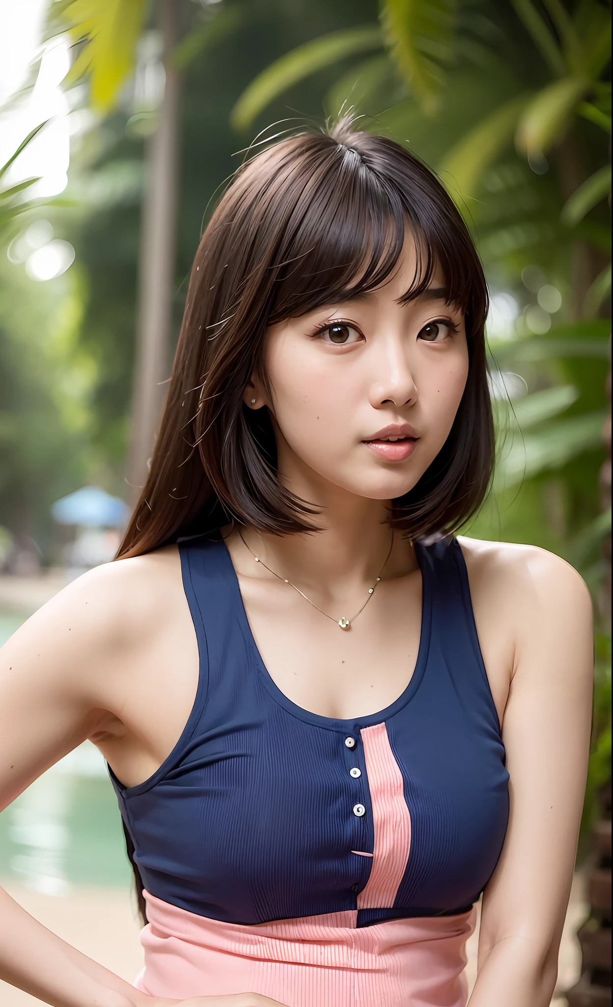 Arafed Asian woman in blue striped pink tank top posing for a photo, brown medium hair, beautiful smile, on the beach in Thailand, gorgeous Korean woman,