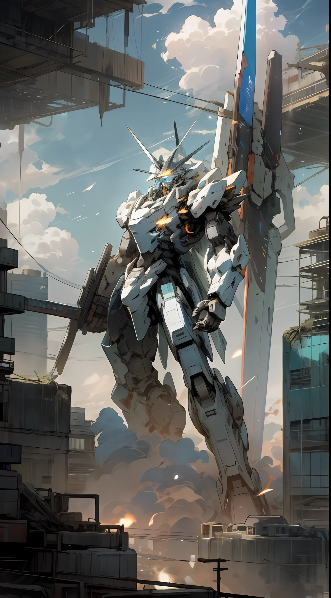 sky, clouds, holding_weapon, no_humans, glowing, a man standing on top of a building, his back to the viewer, looking into the distance, giant robot, building, ruins, glowing_eyes, mecha, science fiction, city, reality, mecha