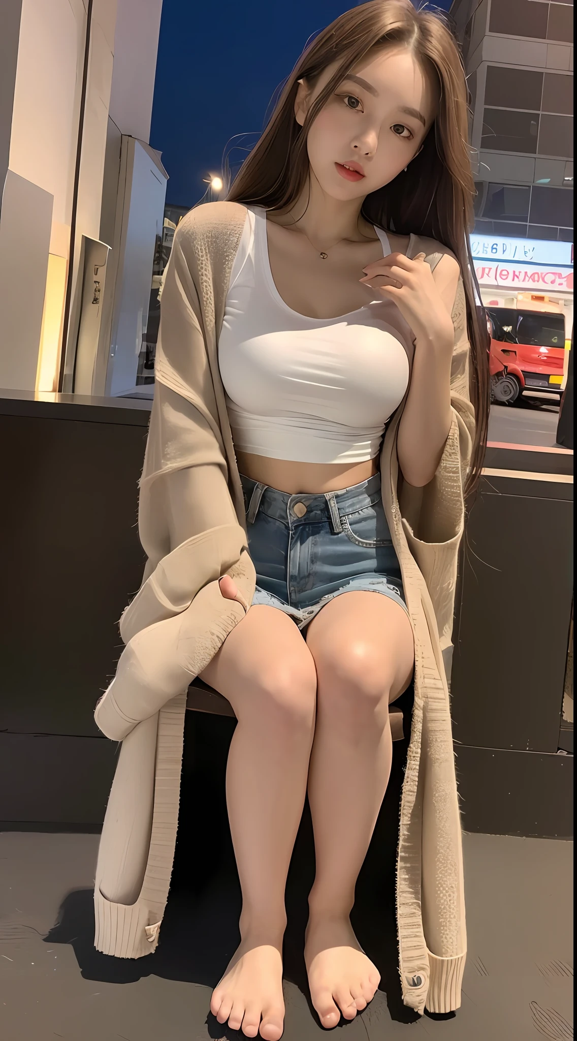 ((Best quality, 8k, Masterpiece: 1.3)), Full body, Focus on bare feet sharp: 1.2, Beautiful woman in red lipstick with perfect foot: 1.4, Slim abdomen: 1, 2, ((Light brown hair, Big breasts: 1.2)), (( (Cardigan over crop top tshirt))), ( sitting showing bare feet 1.2), (City night view: 1.1), Face and texture Highly Detailed Skin, Detailed Eyes, Detailed Feet Double Eyelid, Clean Feet Photos