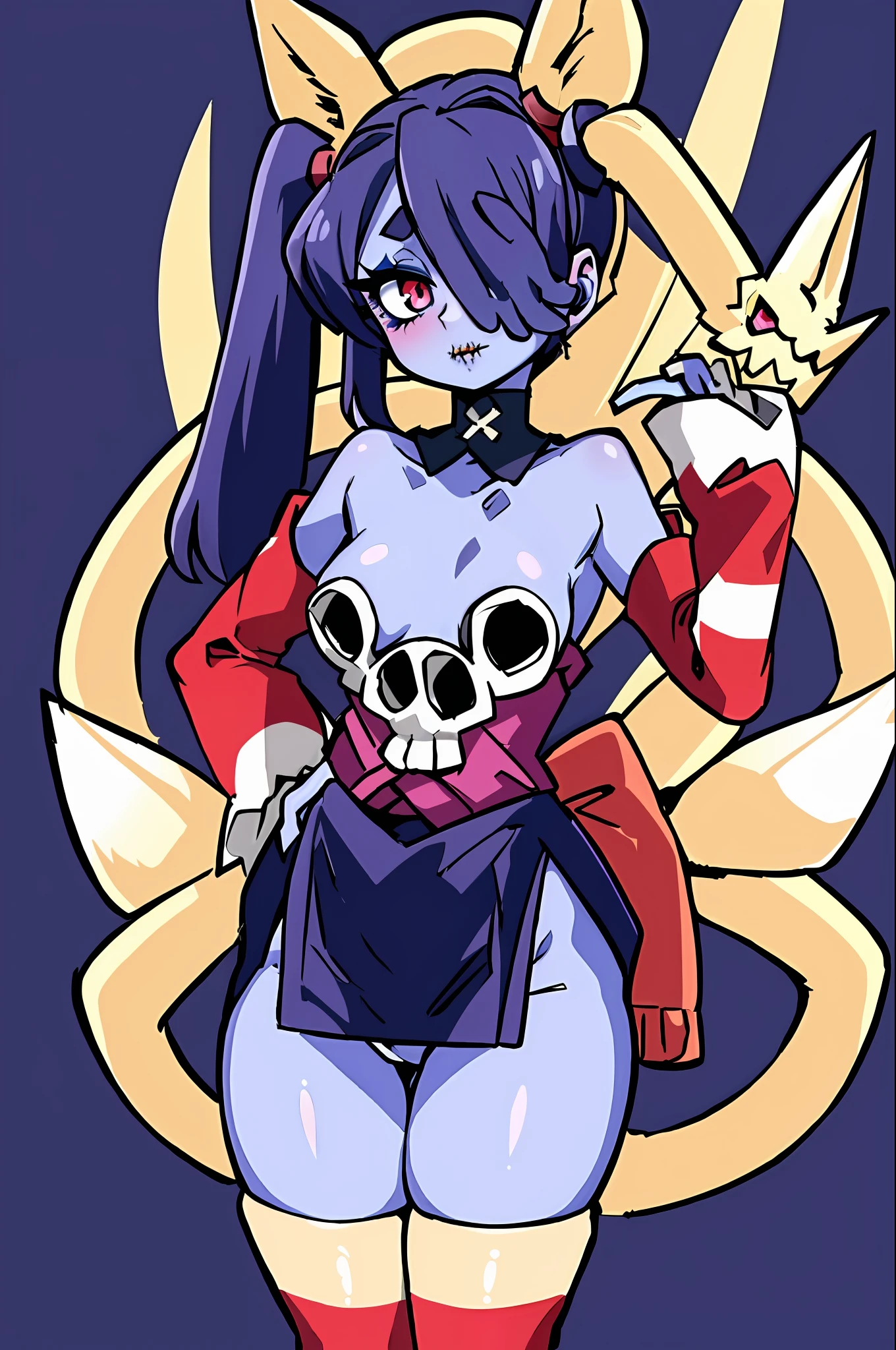 wavy, 1 li, solo, small breasts, looking at viewer, bare shoulders, open sleeves, hair over one eye, red eyes, side ponytail, ponytail, loose collar, skull, ((blue skin)), dots, zombie, striped sleeves, stitched mouth, extremely detailed, highly detailed, perfect face, beauty, perfect eyes ((skeletal arm, live tails, big ass, big lips)), big eyes, makeup, big eyelashes, cute, adorable , serious, ( (leviathan: 1.3)), full body, in lingerie, ecchi anime style, full body art, ecchi style, anime character, kneeling, kitten ear, showing off, hand on waist