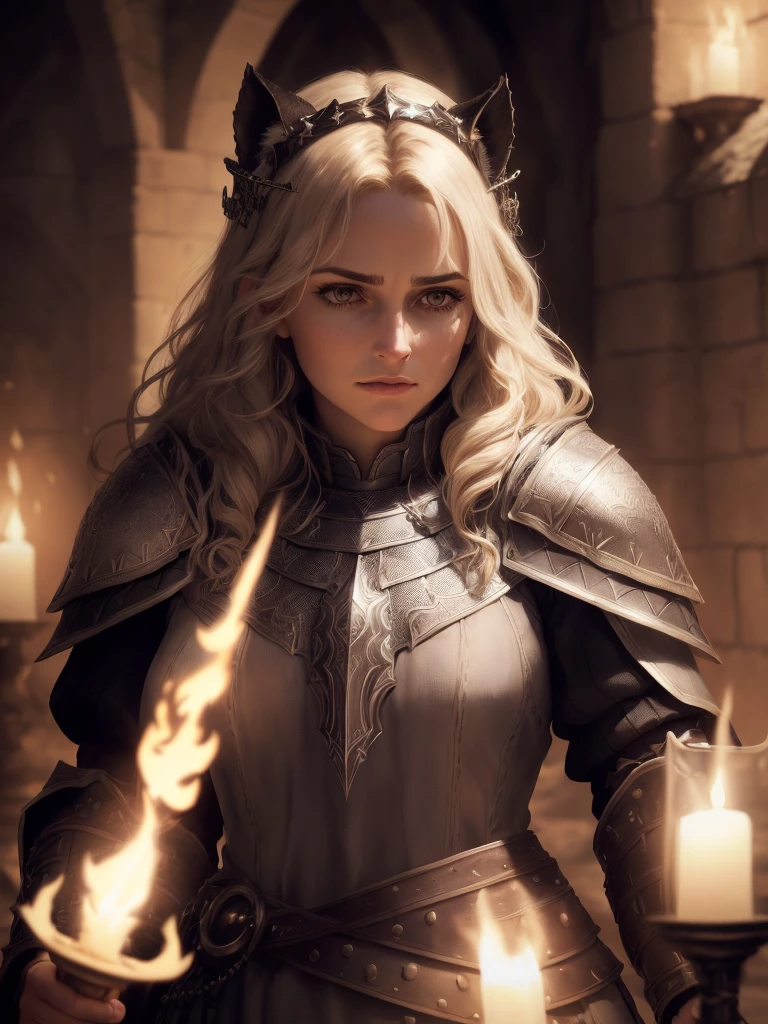 (High quality: 1.3), cinematic shot, masterpiece, (sharp focus: 1.5), (photorealistic: 1.3), medium portrait of ( tired-looking but still proud and fierce paladin, now the leader of his village , dressed in elaborately detailed chainmail and leather armor, some torches burn on the walls, giving the scene a somber atmosphere, but carving the shapes in crisp chiaroscuro), it's night, (highly detailed skin), (detailed face), background detailed, dark lighting, twilight lighting, volumetric lighting, intricate details, UHD,