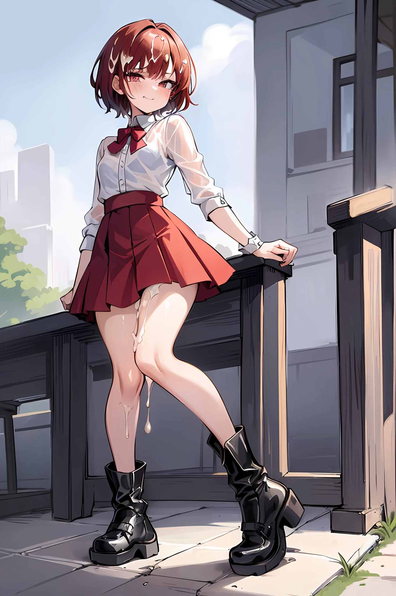 (masterpiece:1.2), (best quality:1.2), li, full body, small chest, big ass, (short, tight-fitting skirt), almost see-through wet top, boots, smug face, short hair, red hair , (pixv artstyle), (detailed masterpiece), ((excessive cum))