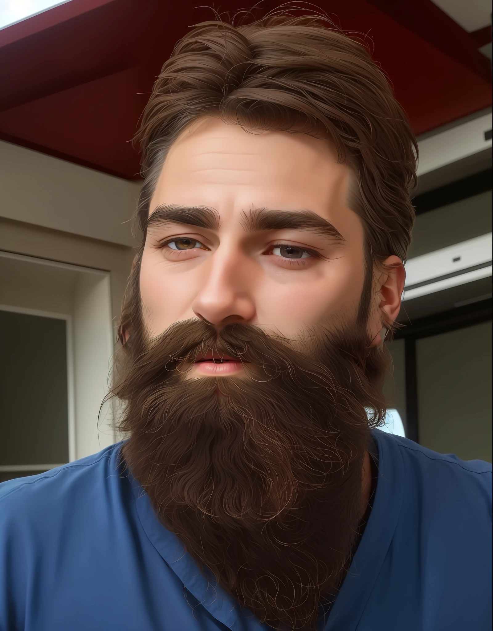 there is a man with a beard and a blue shirt, about 3 5 years old, full beard, 4 0 years old man, 3 6 years old, scruffy beard, scruffy brown beard, thick beard, bushy beard, waxed beard, trimmed beard, 38 years old, thick brown beard, grizzled beard, reddish beard, natural beard