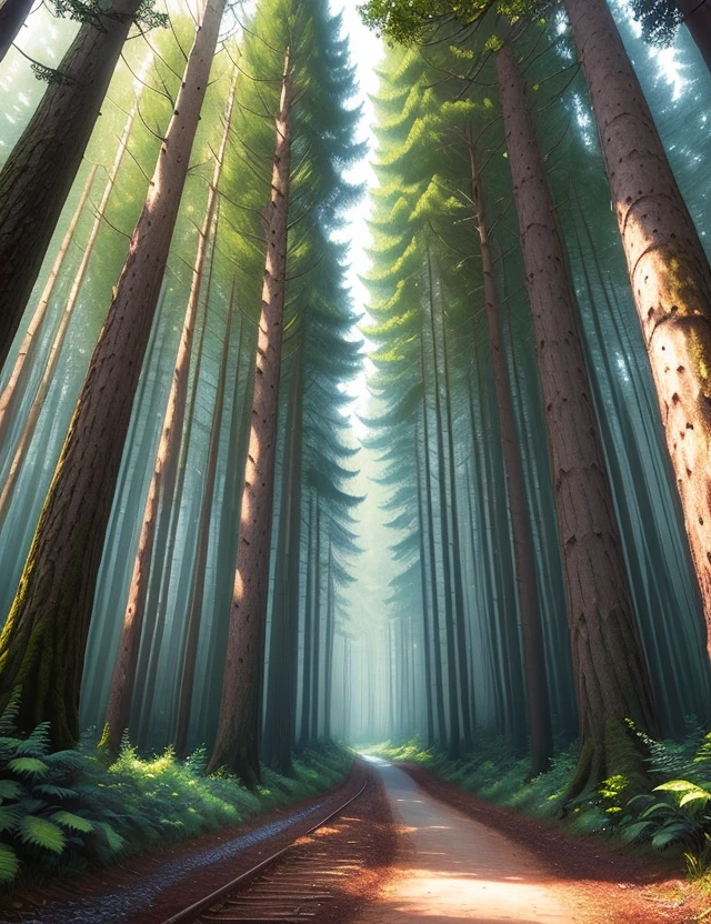 A dense magical forest with a road passing through the middle in a charming, nostalgic 16-bit style, subtle representations of mystical creatures hiding behind a vibrant, diverse mosaic of pixelated trees. Enchanting and atmospheric, love letter to retro video game aesthetics. Meticulously rendered textures of tree bark and leaves, color palettes of deep greens, browns and blues. Low-angle perspective designed to capture the forest's grand scale, rendered in a wide-angle.