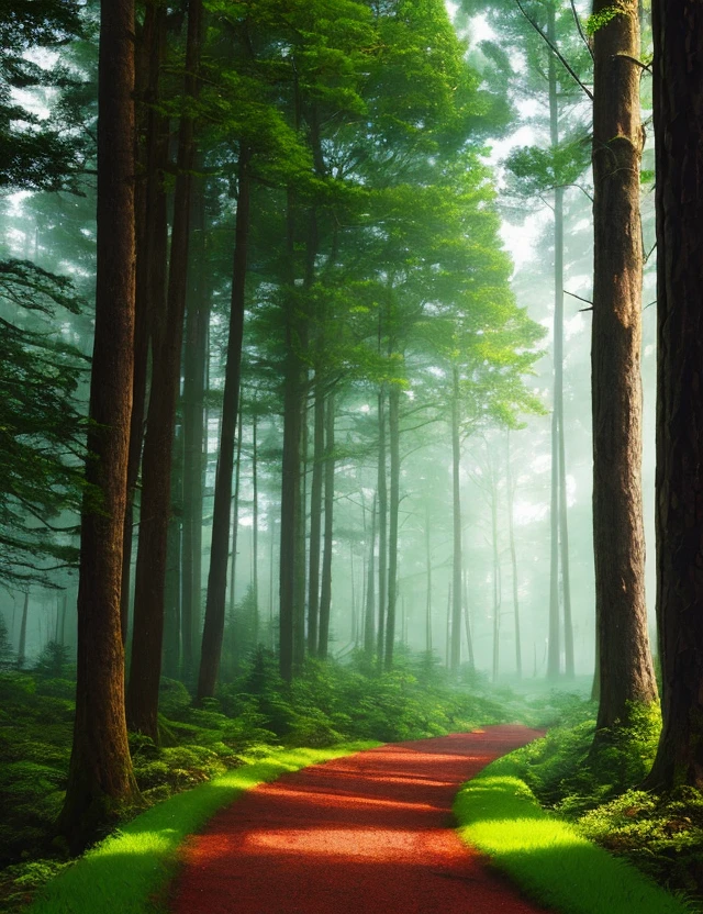 A dense magical forest with a road passing through the middle in a charming, nostalgic 16-bit style, subtle representations of mystical creatures hiding behind a vibrant, diverse mosaic of pixelated trees. Enchanting and atmospheric, love letter to retro video game aesthetics. Meticulously rendered textures of tree bark and leaves, color palettes of deep greens, browns and blues. Low-angle perspective designed to capture the forest's grand scale, rendered in a wide-angle.