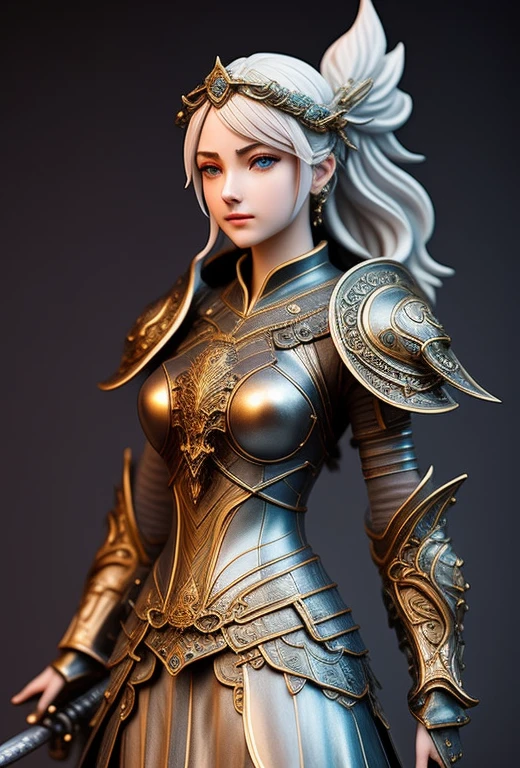 a statue of a woman holding a sword, behance. high detail, epic paladin armor, inspired by James Ryman, in opal armor, steampunk beautiful anime woman, wlop : :, character design : : gothic, cgi clay sculpture, stunningly detailed, arya stark as venus, a sexy blonde warrior, feng zhu |