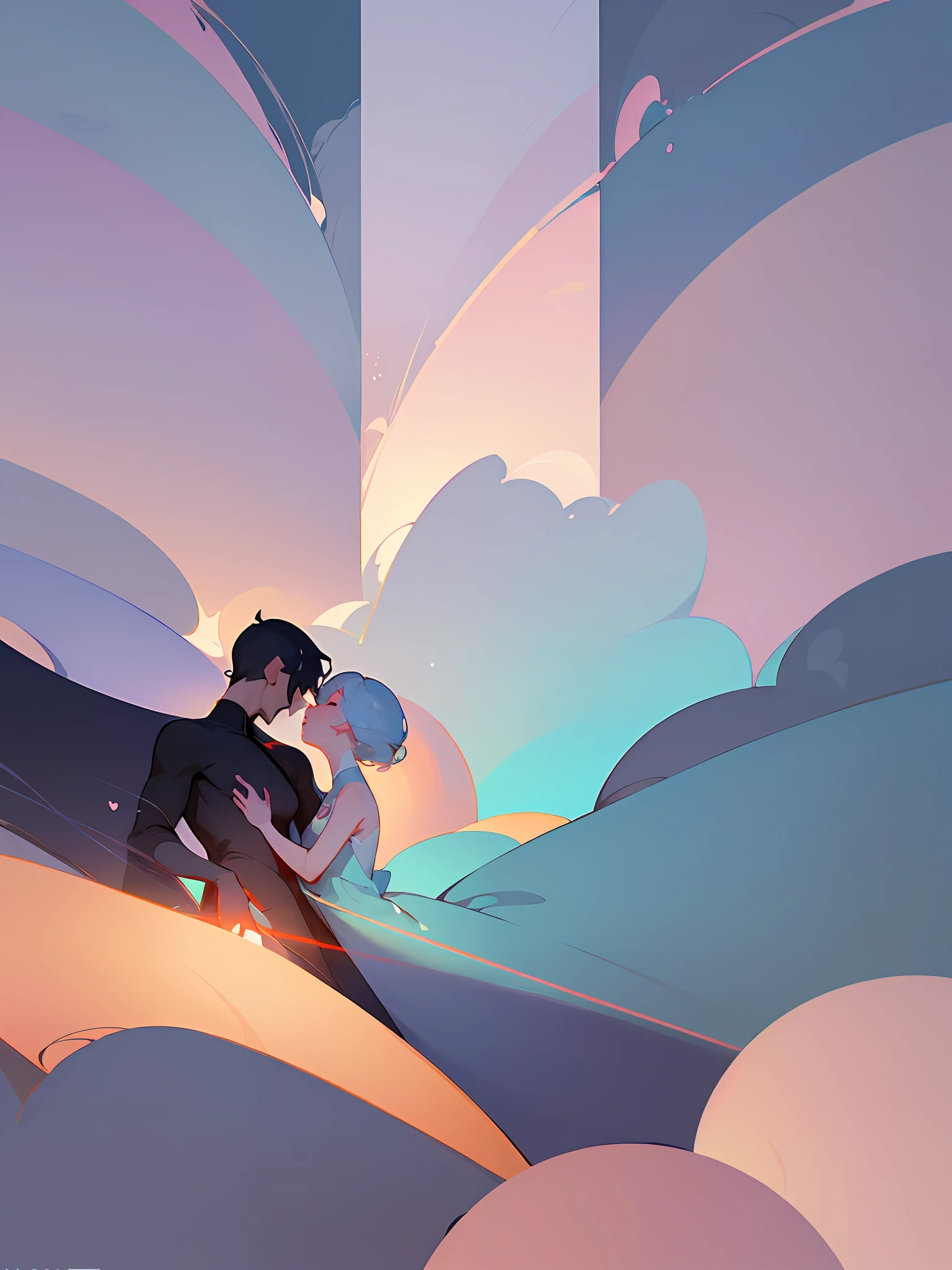 (Love), abstract painting, (Zen, Amy Sol style), a boy gently kissing a girl, hug, rose, light abstract cover art, simple vector art, contemporary Chinese art, color gradient, pastel palette, Layered forms, whimsical animation, style ethereal abstraction, 4K, --v6