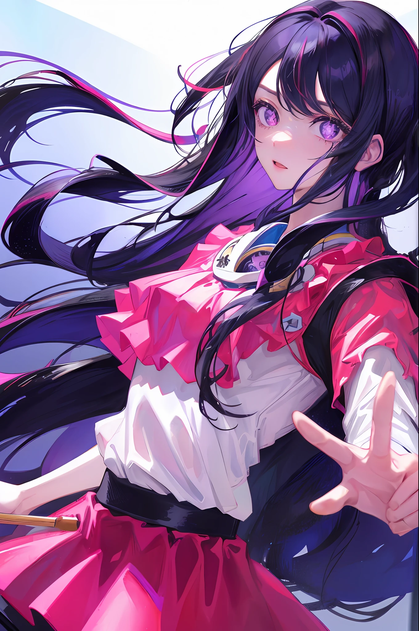 Ai Hoshino, black hair, long hair, favorite child, beautiful shining eyes, idol, solo, 1 girl, long purple hair