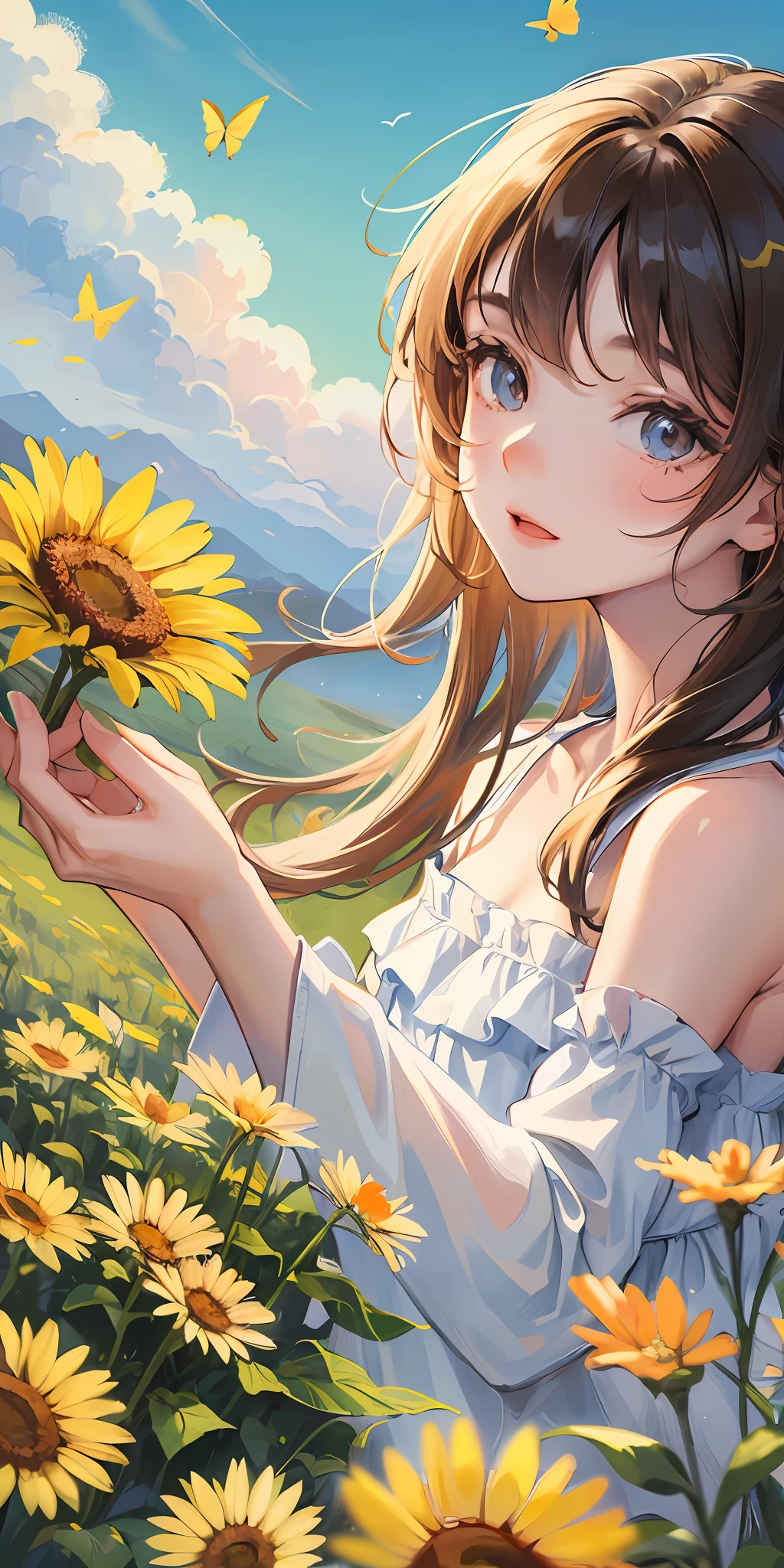 High Detail, Ultra Detail, Ultra High Resolution A cute and innocent girl is enjoying her time in an open field, surrounded by the beauty of nature, with the warm sun shining on her and wild flowers swaying gently in the breeze. Butterflies and birds flutter around her, adding to the playful atmosphere, --v6