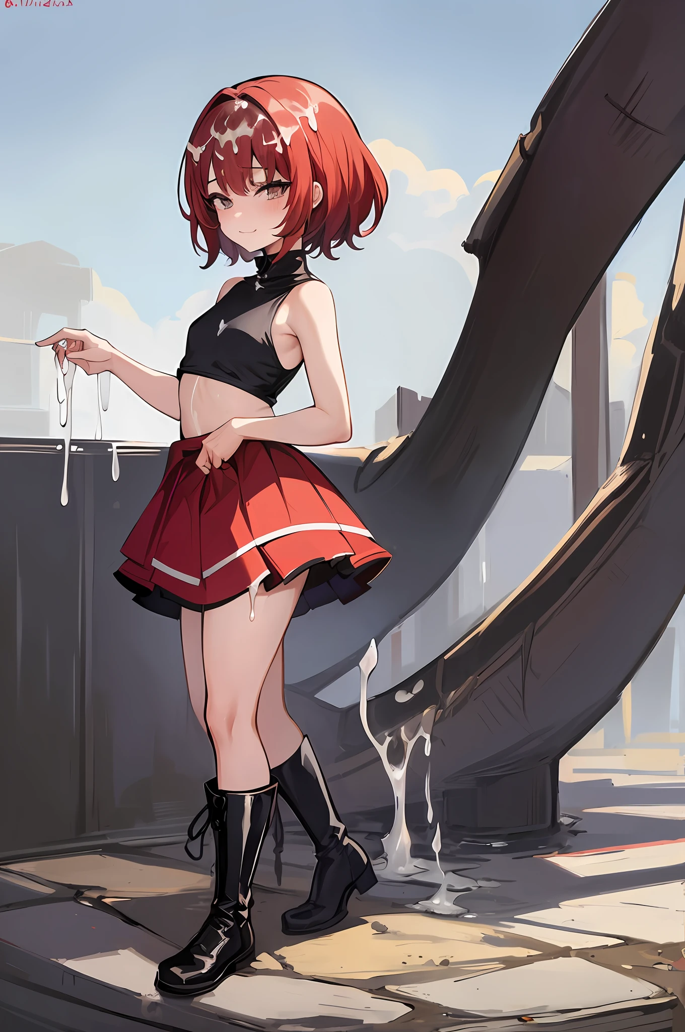 (masterpiece:1.2), (best quality:1.2), li, full body, small chest, big ass, (short, tight-fitting skirt), almost see-through wet top, boots, smug face, short hair, red hair , (pixv artstyle), (detailed masterpiece), ((excessive cum))