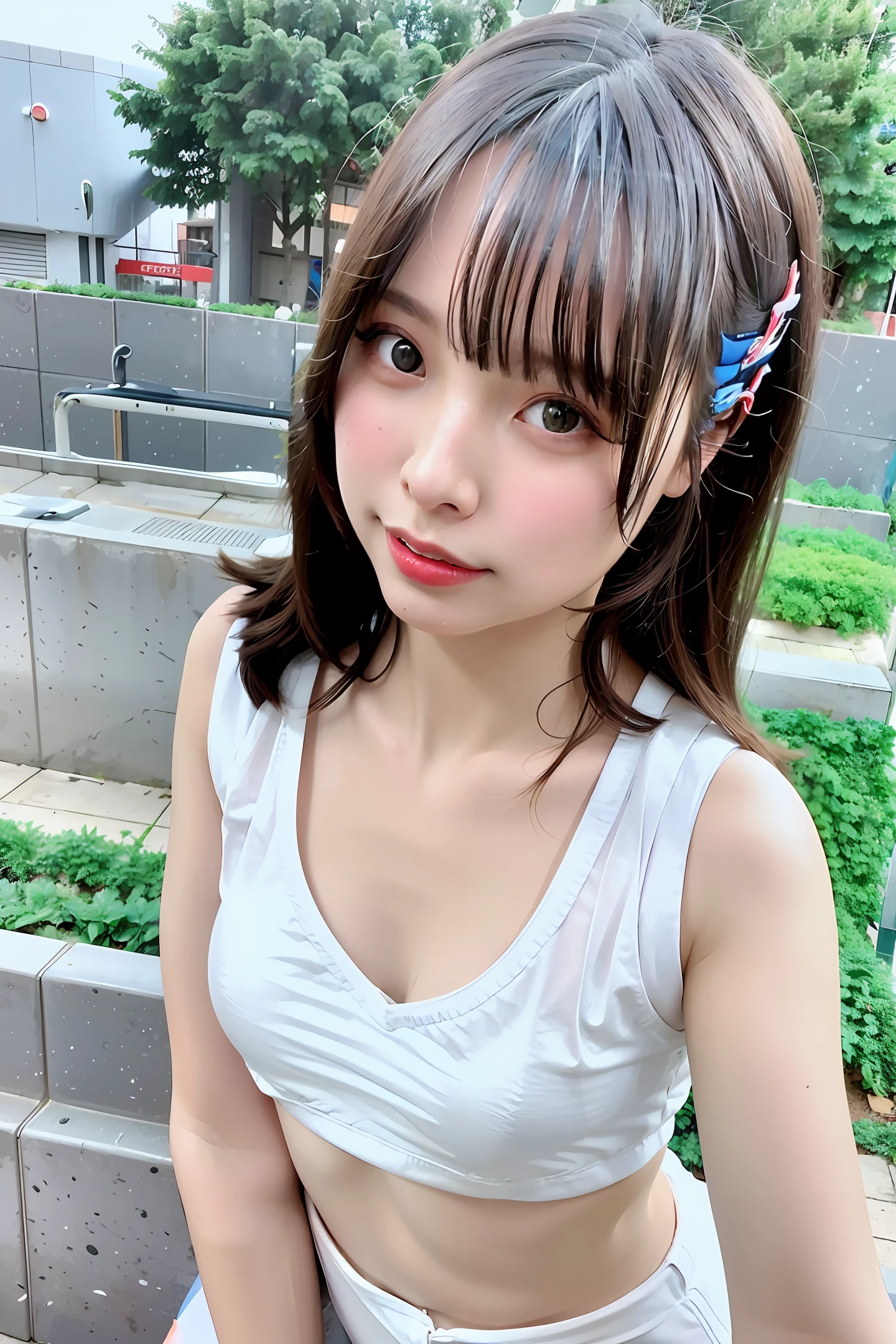 (wide angle), half body portrait, lipstick, eyelashes, smile, cheerleader, outdoors, looking at viewer, top quality, ultra high resolution, (photorealistic: 1.4), (detailed face and eyes), white bra