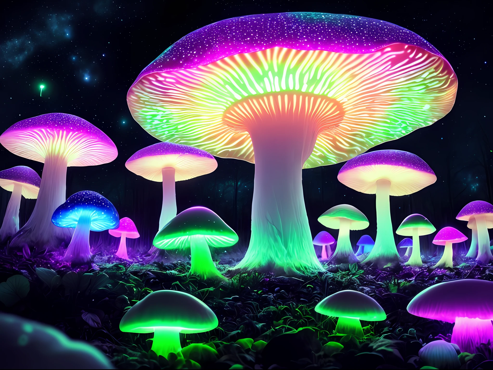 Design an image showcasing a nocturnal spectacle on an extraterrestrial world, with luminous hallucinogen mushrooms sprouting across a mystical forest, their vivid fluorescence captivating the senses under the alien sky.
Imagine an alien planet cloaked in darkness, with a mystical forest that awakens at night. The forest is alive with bioluminescent trees that illuminate the surroundings with a soft, otherworldly glow. Amongst this radiant foliage, fluorescent ???????????? mushrooms emerge, their phosphorescent hues creating a dazzling display of colors. The mushrooms seem to pulse with energy, casting an enchanting radiance that bathes the forest floor. The alien sky above is a spectacle of celestial wonders, with swirling nebulae and distant galaxies painting the canvas of night. The image captures the mesmerizing interplay of light and darkness, as the fluorescent mushrooms bring a vivid burst of life to the alien forest.