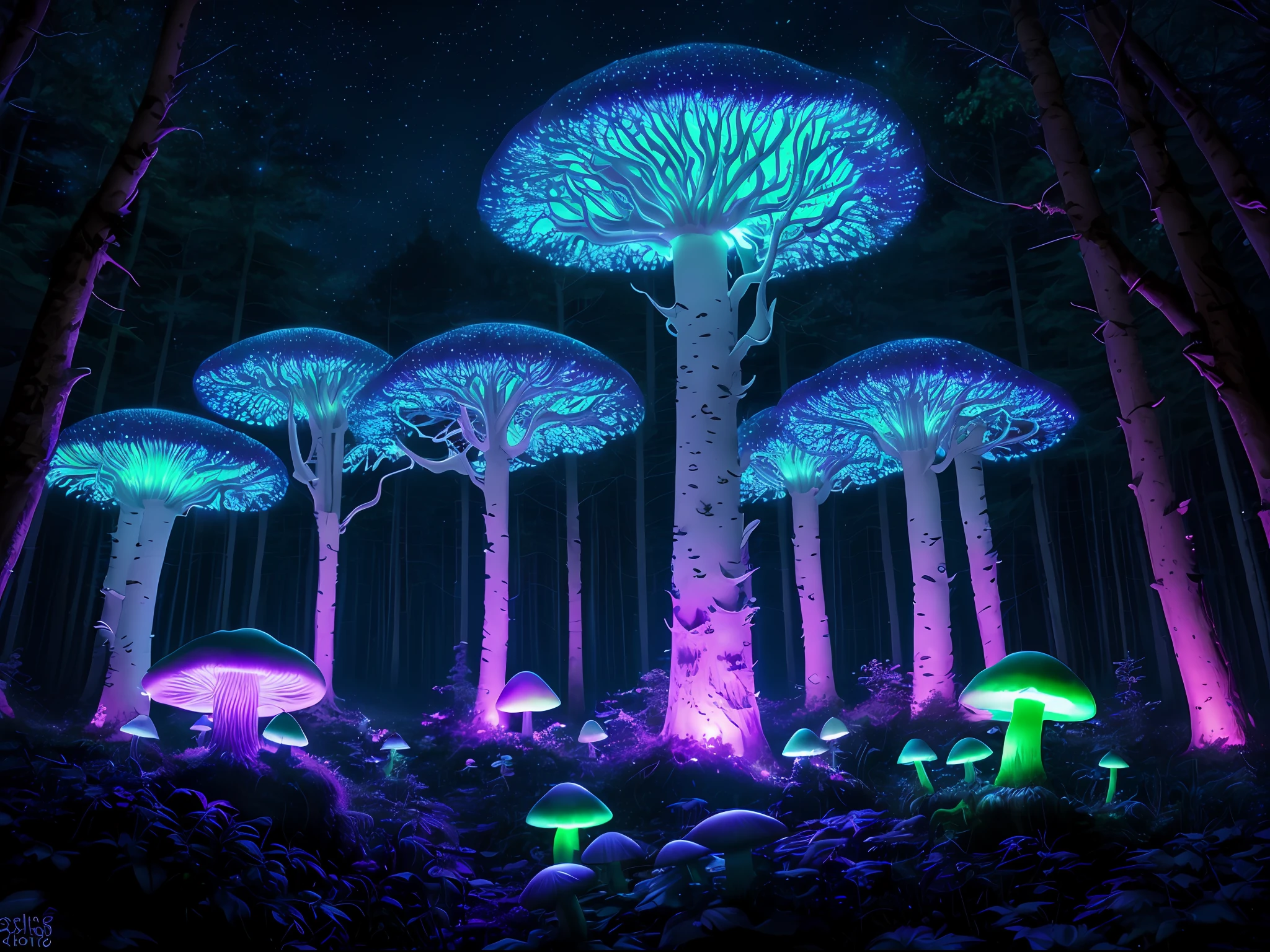Design an image showcasing a nocturnal spectacle on an extraterrestrial world, with luminous hallucinogen mushrooms sprouting across a mystical forest, their vivid fluorescence captivating the senses under the alien sky.
Imagine an alien planet cloaked in darkness, with a mystical forest that awakens at night. The forest is alive with bioluminescent trees that illuminate the surroundings with a soft, otherworldly glow. Amongst this radiant foliage, fluorescent hallucinogen mushrooms emerge, their phosphorescent hues creating a dazzling display of colors. The mushrooms seem to pulse with energy, casting an enchanting radiance that bathes the forest floor. The alien sky above is a spectacle of celestial wonders, with swirling nebulae and distant galaxies painting the canvas of night. The image captures the mesmerizing interplay of light and darkness, as the fluorescent mushrooms bring a vivid burst of life to the alien forest.