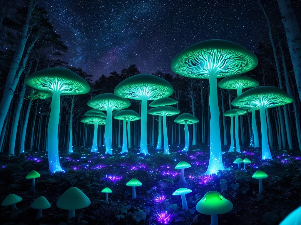 Generate an otherworldly image of fluorescent hallucinogen mushrooms thriving on an alien planet, amidst a captivating forest illuminated by ethereal bioluminescence under a starlit night sky.
Picture an alien planet with a dense forest that teems with life. The trees, adorned with bioluminescent foliage, emit a soft, mesmerizing glow that permeates the entire landscape. In the heart of this enchanting forest, fluorescent hallucinogen mushrooms grow in abundance. Their vibrant colors range from electric blues and neon greens to pulsating purples, casting an ethereal radiance that illuminates the forest floor. Above, the night sky sparkles with countless stars, providing a celestial backdrop to this otherworldly scene. The image captures the symbiotic beauty between the fluorescent mushrooms, the bioluminescent forest, and the starlit sky, transporting the viewer to a mesmerizing alien world.