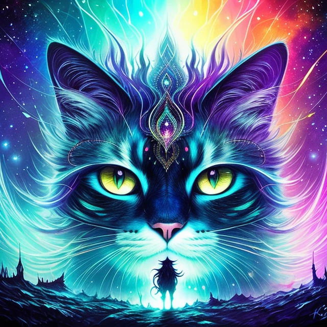 cat dressed in rainbow, colorful painting, abstract, melting cat freak, no background, big vibrant blue eyes