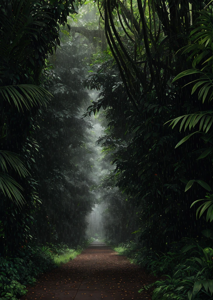 A jungle, with intense rainfall, monochromatic, vines all around, giant and wet trees, masterpiece, best quality, high quality, extremely detailed CG unity 8k wallpaper, oil paiting, award winning photography, Bokeh, Depth of Field, HDR, bloom, Chromatic Aberration ,Photorealistic,extremely detailed, trending on artstation, trending on CGsociety, Intricate, High Detail, dramatic, art by midjourney, volumetric lighting
