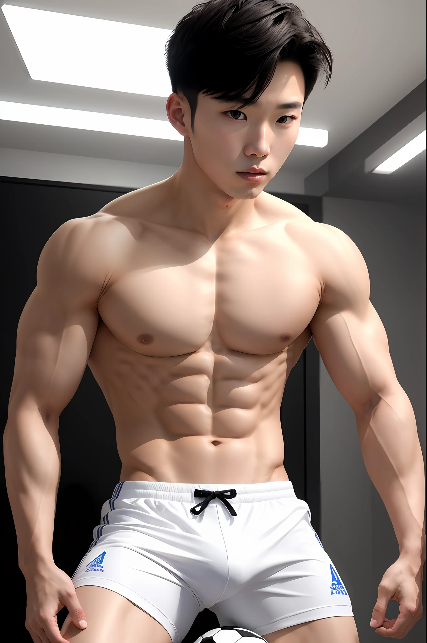 A Young Korean man , 1boy, white skin , detailed skin, 1boy, ((realistic)), abs, good lighting quality, muscle veins, ((pale skin)), footballer, (masterpiece, ultra quality, high resolution, 8k, intricate:1.2), (detailed face:1.2), handsome, wearing tight white soccer uniform, bulge, 1boy,solo, looking at viewer, balance eyes, (((from below))), bedroom, (eye contact),