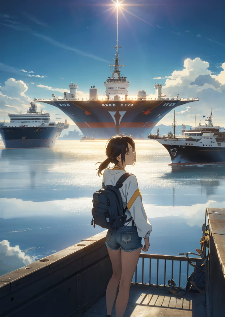 The vast sky, the beautiful skyline, the vast grasslands, the extremely tense and dramatic pictures, the moving visual effects, the high-hanging Polaris, and the colorful natural light. Long-sleeved top, denim shorts, and a girl with a backpack. A large ship was moored in the distant port.