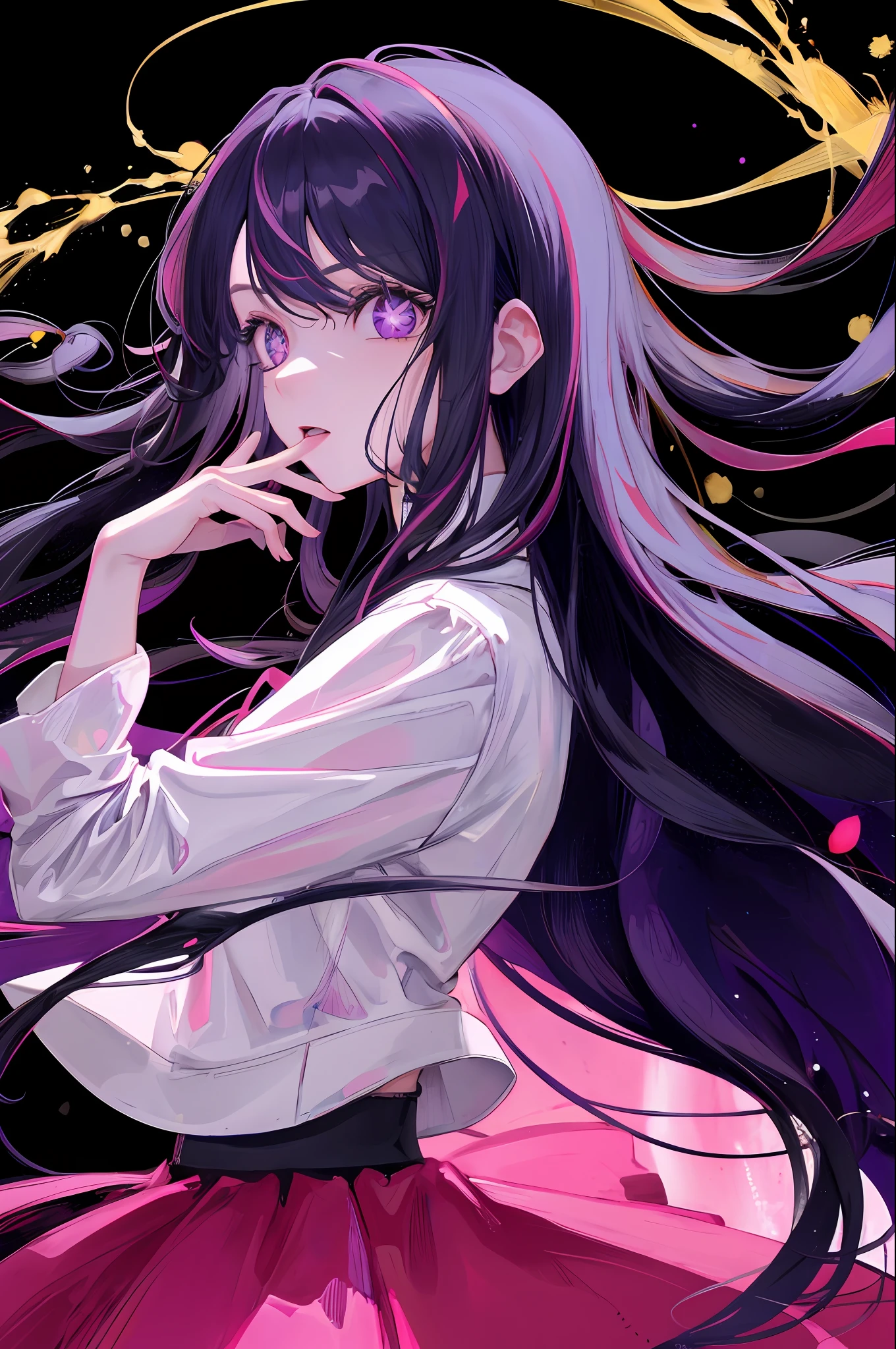 Ai Hoshino, black hair, long hair, favorite , beautiful shining eyes, idol, solo, 1 girl, long purple hair