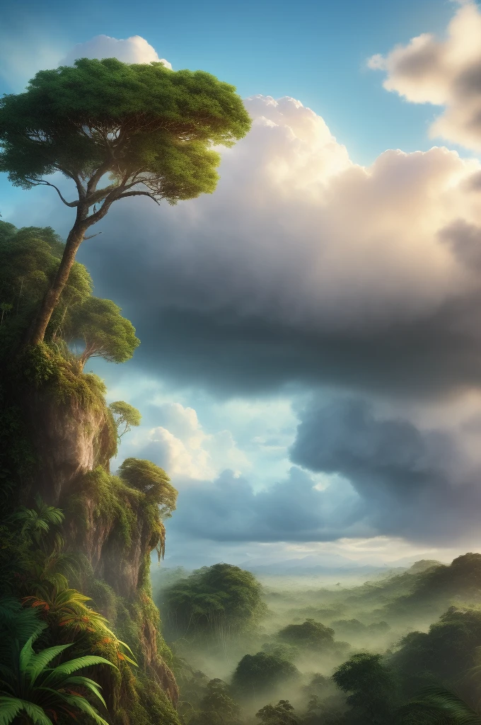 Ultra Realistic, fantasy nature, sky and ground, heavy wind, line cloud, Light shoot from the cloud, jungle, bright fun, ((extreme colors)), vibrant, beautiful, UHD, 8K, extremely detailed, photography, photorealism, natural light, masterpiece, best quality, amazing, intricate, highly detailed, sharp focus, cinematic,