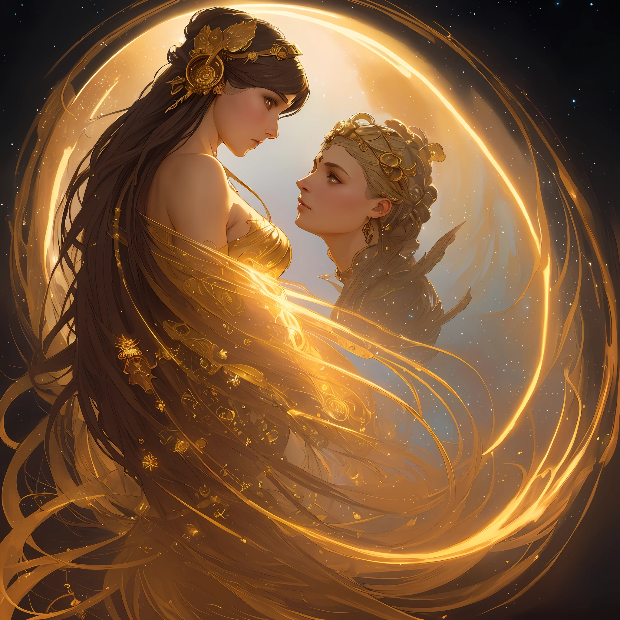 (A beautiful cinematic ornamented female sand goddess, golden dress, glow golden tattoo), (galactic Shaman with Quantum Energy fantasy), fantasy magic, long hairstyle, dark light night, intricate, ethereal, sharp focus, illustration, highly detailed, digital painting, concept art, matte, (art by WLOP), (by Justin Gerard and Jason Edmiston: 1.5), (by Greg Rutkowski: 0.4), (by Alphonse Mucha: 0.4), masterpiece